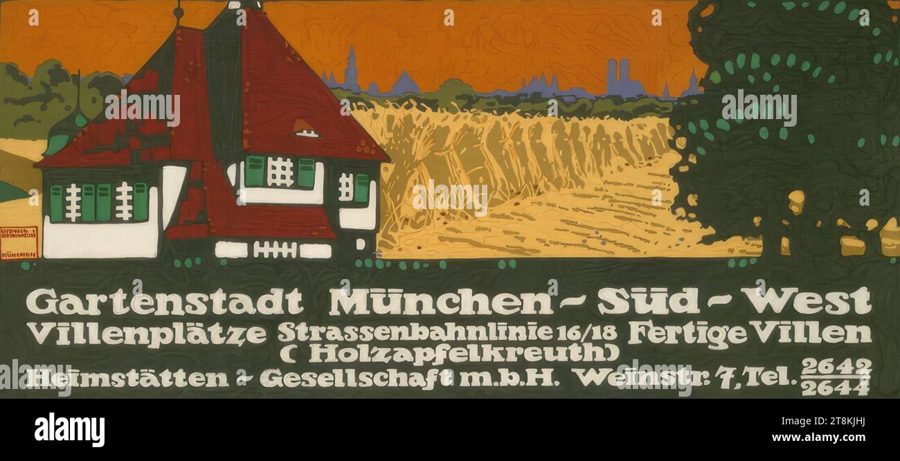 Garden City Munich South-West ; Heimstätten-Gesellschaft m.b.H. Weinstr.7, Ludwig Hohlwein, Wiesbaden 1874 - 1949 Berchtesgaden, 1910, tirage, lithographie couleur, feuille : 460 mm x 945 mm Banque D'Images