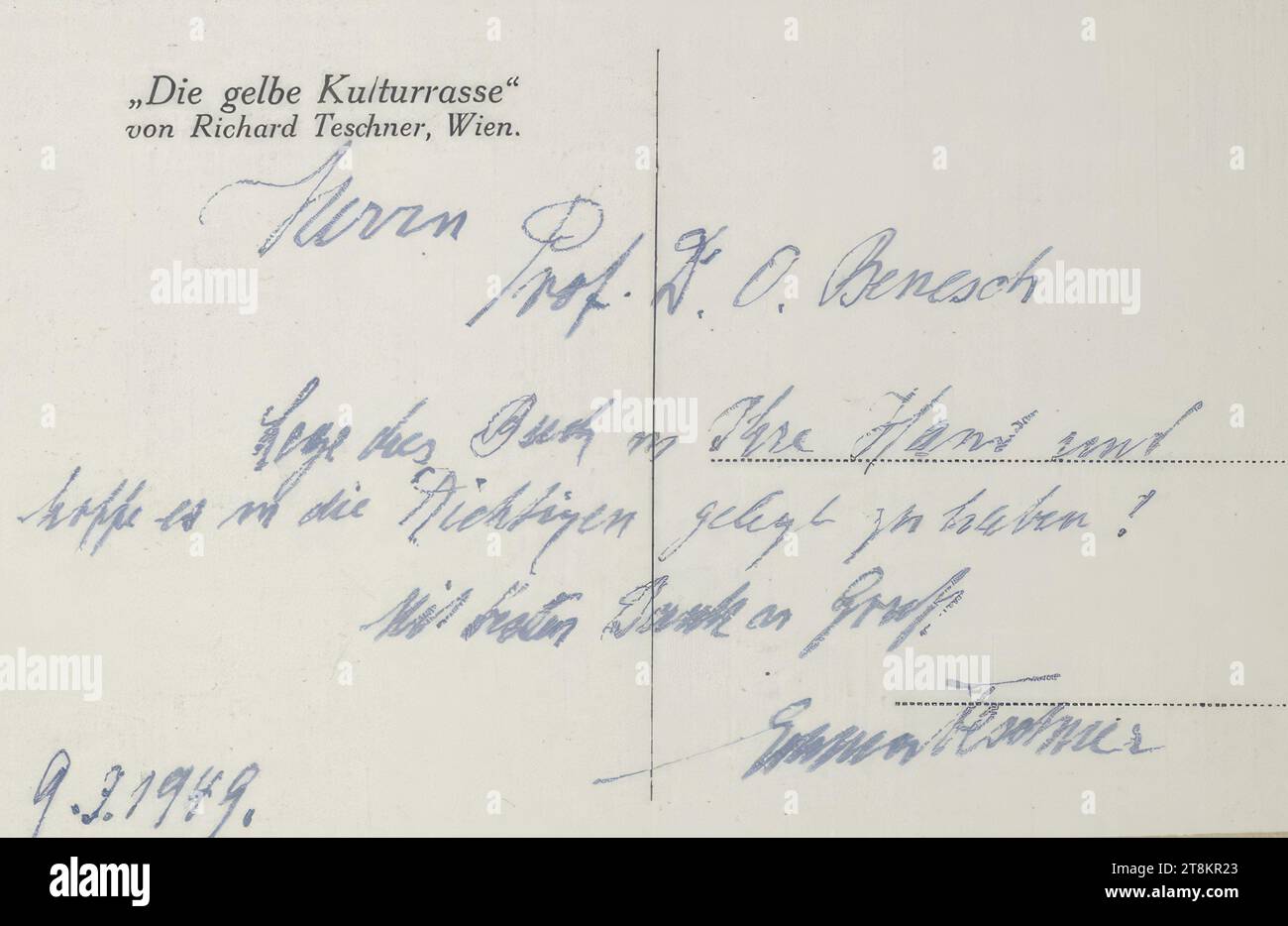 Carte postale collée 'la race culturelle jaune' de Richard Teschner avec la dédicace d'Emma Teschner au Dr Benesch, carnet de 82 pages paginées, avec plusieurs cartes postales collées, notes et épreuves ; contenu : Recettes sur les procédés d'impression, Richard Teschner, Karlsbad 1879 - 1948 Vienne, 1918, illustration, 9 mars 1949, dédicace, carnet de croquis : 1915-1947, impression, impression typographique ; plume en bleu, feuille : 20,2 cm x 16,2 cm, M.O. selon M. U. 'M. Prof. D. O. Benesch / mettez le livre dans votre main et / espérons que vous l'avez placé en Autriche Banque D'Images