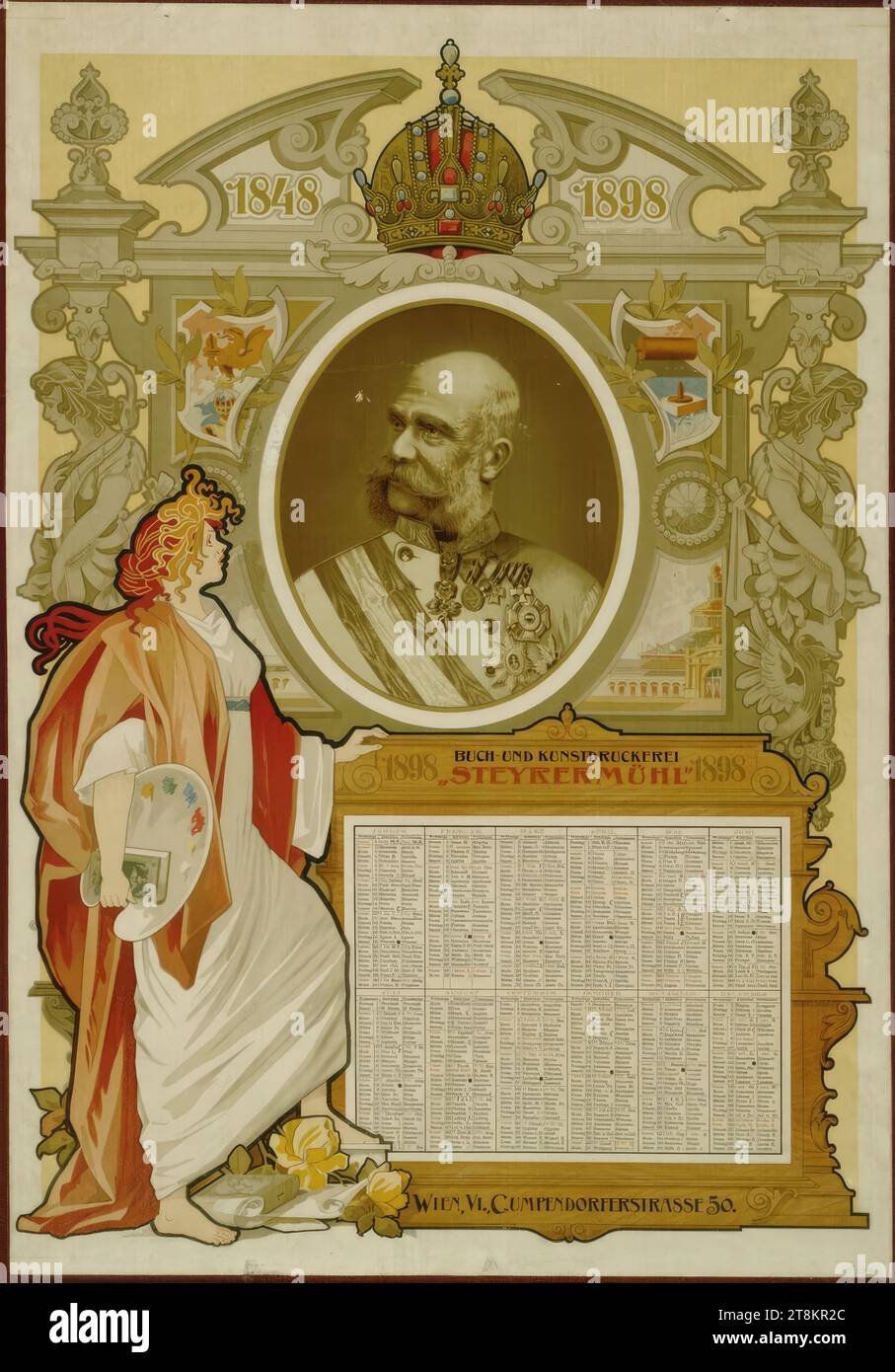 1848-1898, IMPRESSION DE LIVRES ET D'ART 'STEYRERMÜHL' ; 1898, Anonyme, 1897, impression, lithographie couleur, feuille : 860 mm x 605 mm, à droite. '17/1899', crayon Banque D'Images