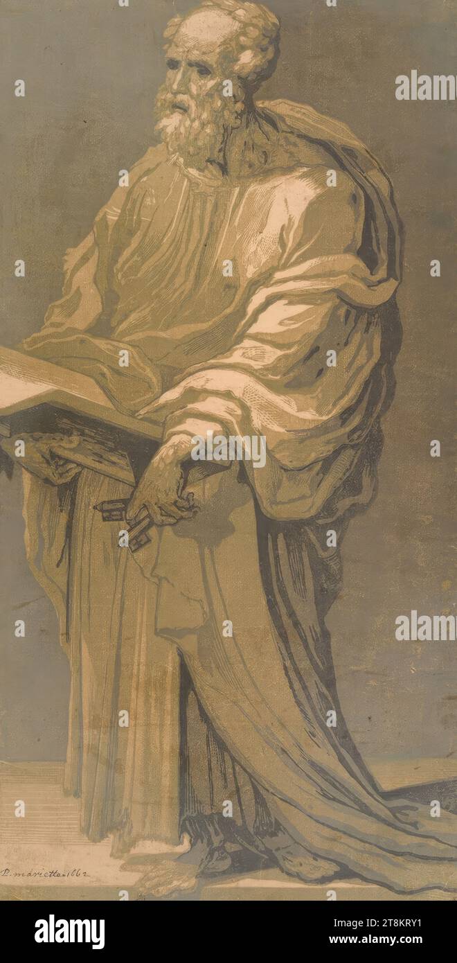 St. Peter, Domenico Beccafumi dit Mecarino, Cortine in Valdibiana Montaperti près de Sienne 1484 - 1551 Sienne, vers 1544-1547, impression, gravure sur bois clair-obscur en quatre planches, vert et gris, feuille : 41 x 21,1 cm, l.u. 'P. mariette 1662', au stylo Banque D'Images