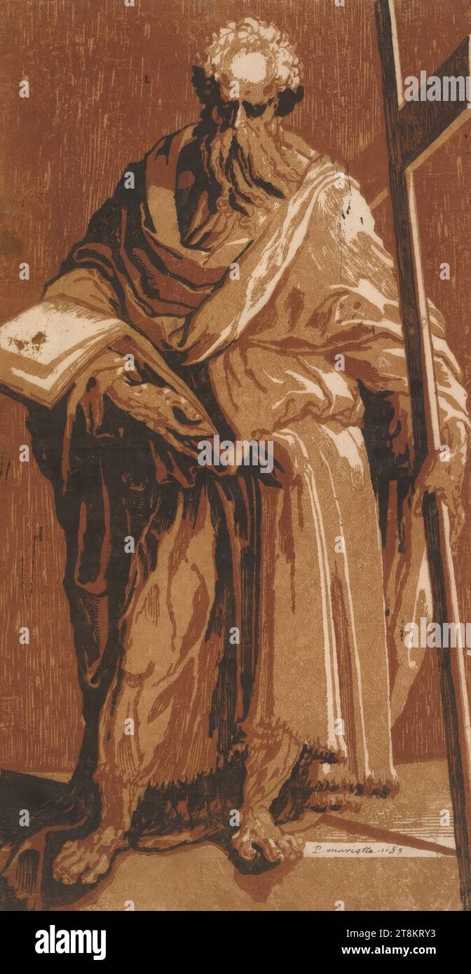 L'apôtre Philippe, Domenico Beccafumi dit Mecarino, Cortine in Valdibiana Montaperti près de Sienne 1484 - 1551 Sienne, vers 1544-1547, impression, gravure sur bois clair-obscur en trois planches, rouge-brun, feuille : 41 x 21,2 cm, r.u. 'P. mariette 1689', à la plume Banque D'Images