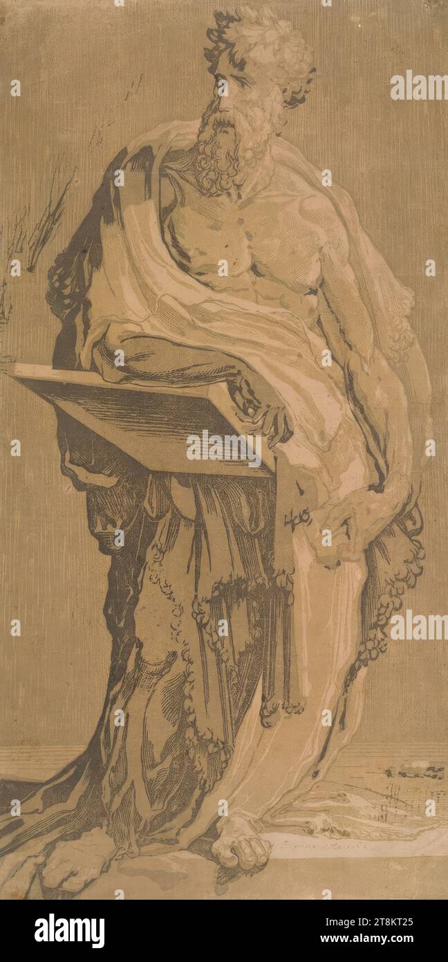 Un apôtre, Domenico Beccafumi dit Mecarino, Cortine in Valdibiana Montaperti près de Sienne 1484 - 1551 Sienne, vers 1544-15477, impression, gravure sur bois clair-obscur, feuille : 41,5 x 21,3 cm, à droite. «P. mariette 1663 Banque D'Images