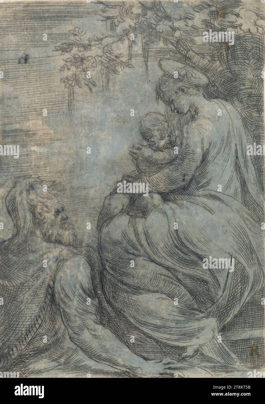 La mère de Dieu avec l'enfant Christ et Saint Joseph, Andrea Meldolla, appelée Schiavone, Zara, Sebenico, vers 1500/15 - 1563 Venise, impression, gravure sur papier bleu préparé, feuille : 11,3 x 7,9 cm Banque D'Images La mère de Dieu avec l'enfant Christ et Saint Joseph, Andrea Meldolla, appelée Schiavone, Zara, Sebenico, vers 1500/15 - 1563 Venise, impression, gravure sur papier bleu préparé, feuille : 11,3 x 7,9 cm Banque D'Images