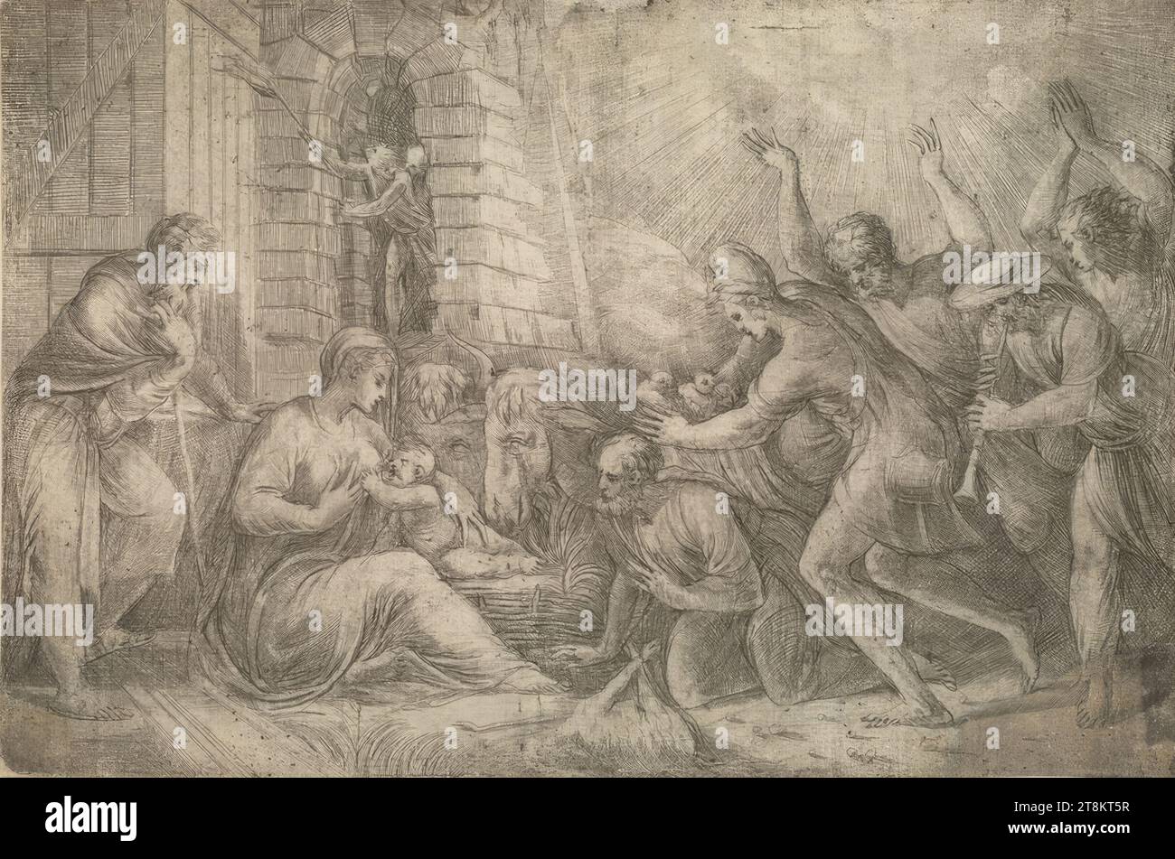 La naissance du Christ, Andrea Meldolla, dit Schiavone, Zara, Sebenico, vers 1500/15 - 1563 Venise, impression, gravure, ajout effacé dans le coin inférieur droit, feuille : 21,3 x 32,2 cm Banque D'Images La naissance du Christ, Andrea Meldolla, dit Schiavone, Zara, Sebenico, vers 1500/15 - 1563 Venise, impression, gravure, ajout effacé dans le coin inférieur droit, feuille : 21,3 x 32,2 cm Banque D'Images