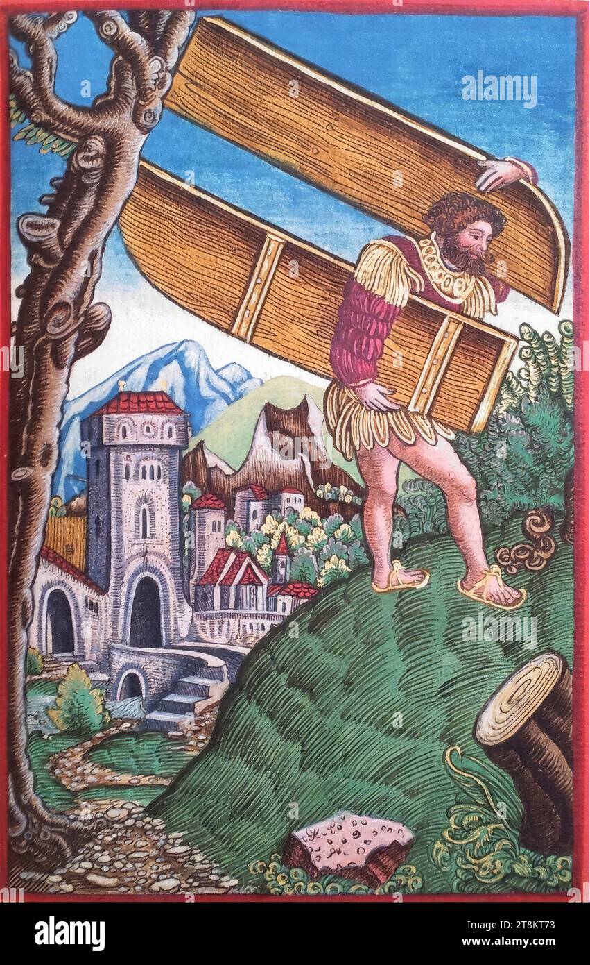 Ancien Testament, Luther Bible, Samson vole les portes de la ville de Gaza, juges 16, 3, Georg Lemberger, Landshut vers 1490/1500 - vers 1540 Leipzig, 1524, imprimé, gravure sur bois, coloré, feuille : env. 17,5 x 11,5 cm, sur papier final 1 verso : 'G. L. Gottfried Leigell', voir rubrique 'attributions historiques Banque D'Images