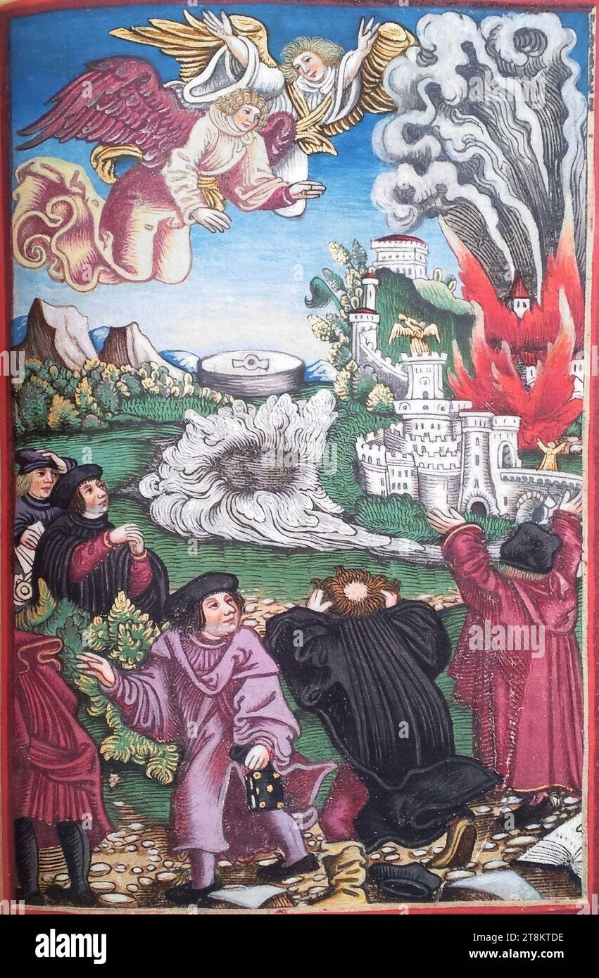 Nouveau Testament, Luther Bible, la Babylone détruite, Apocalypse de Jean 18, Georg Lemberger, Landshut vers 1490/1500 - vers 1540 Leipzig, 1524, estampe, gravure sur bois, couleur, feuille : 17,5 x 11,5 chaque cm Banque D'Images