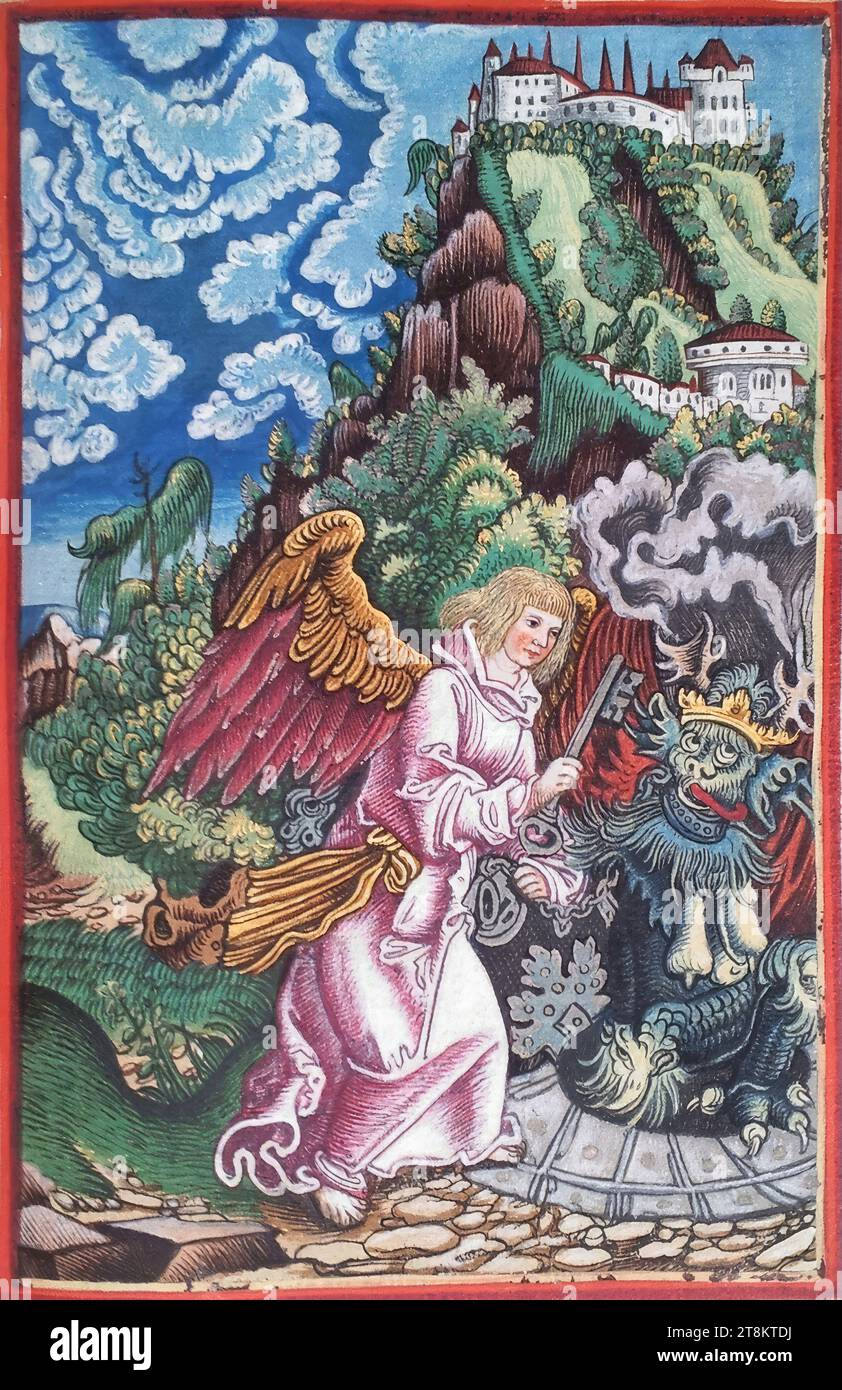 Nouveau Testament, Luther Bible, l'ange avec la clé de l'abîme emprisonne Satan pendant 1000 ans, Apocalypse de Jean 20, 1-3, Georg Lemberger, Landshut vers 1490/1500 - vers 1540 Leipzig, 1524, imprimé, gravure sur bois, coloré, feuille : chaque 17,5 x 11,5 cm Banque D'Images