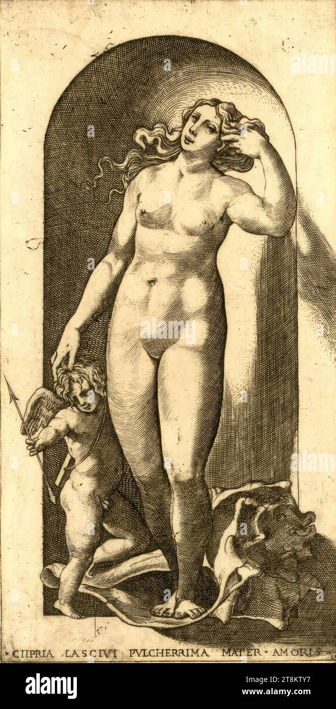 Vénus, dieux et déesses mythologiques, 1526, estampe, gravure sur cuivre, feuille : 21,8 × 11,4 cm, inscription de base 'CIIPRIA LASCIVI PVLCHERRIMA MATER. AMORIS.» ; r.u. «10 Banque D'Images