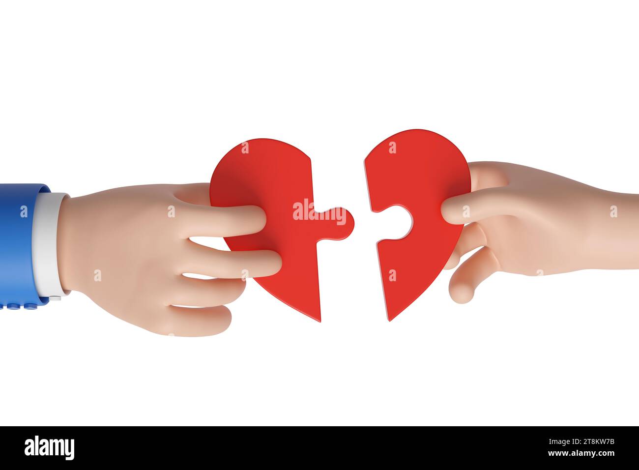 Deux mains de dessin animé mettant ensemble une illustration puzzle.3d en forme de cœur. Banque D'Images