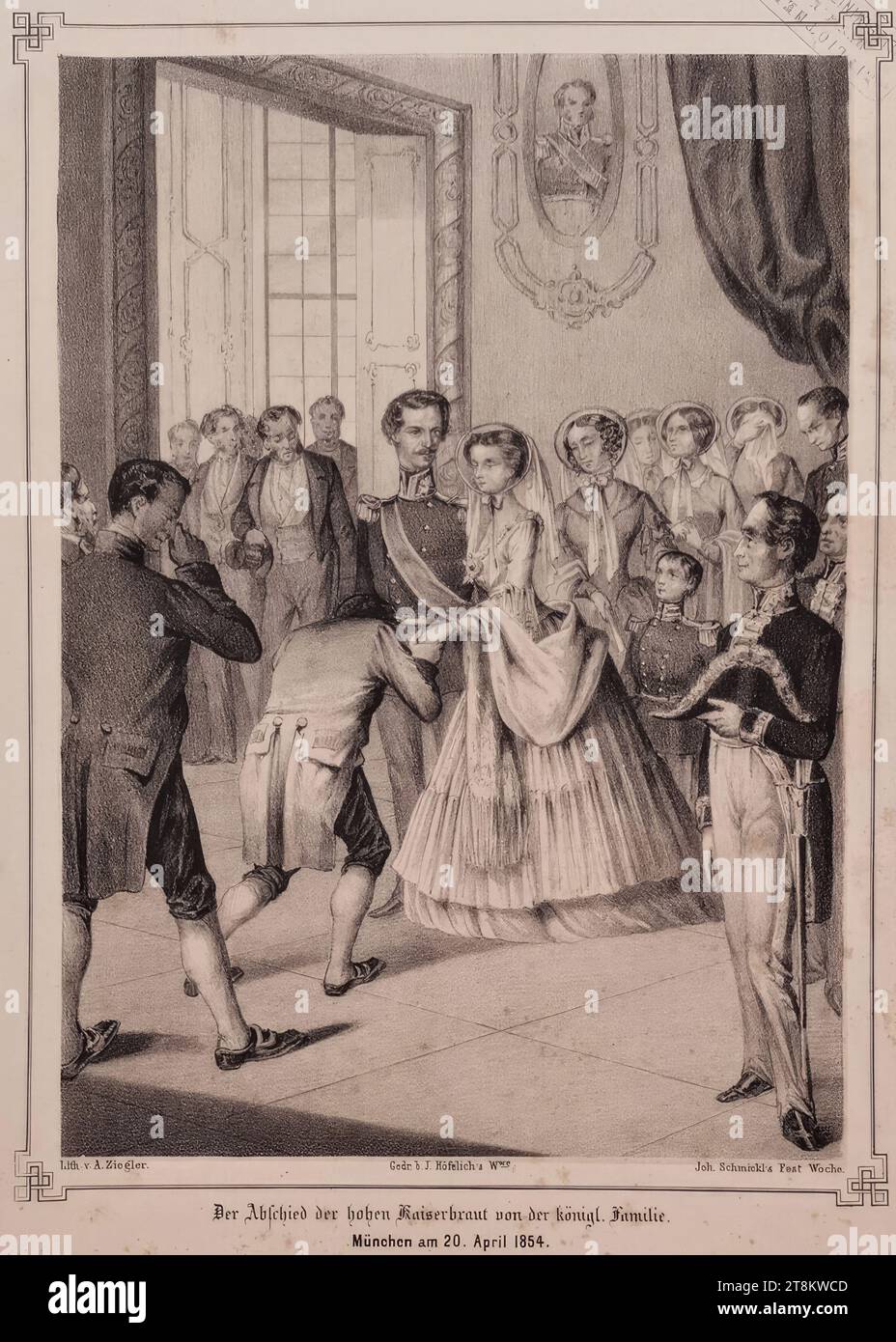 Adieu de la princesse Elisabeth en Bavière comme épouse impériale de sa famille à Munich le 20 avril 1854, de : Johann Schmickl, la semaine du Festival illustré de Vienne. Contenant tous les excellents articles..., Vienne, auto-publié, 1854, 1854, tirage, lithographie avec plaque d'argile, feuille : 29,2 × 22,3 cm, 'BIBLIOTHÈQUE, DU K.K., MINISTÈRE DE LA POLICE', timbre long recto, 'BIBLIOTHÈQUE DU K.K. MINISTER RATH PRESIDIUM', timbre rond verso, [M.U.] 'N°3, Autriche Banque D'Images