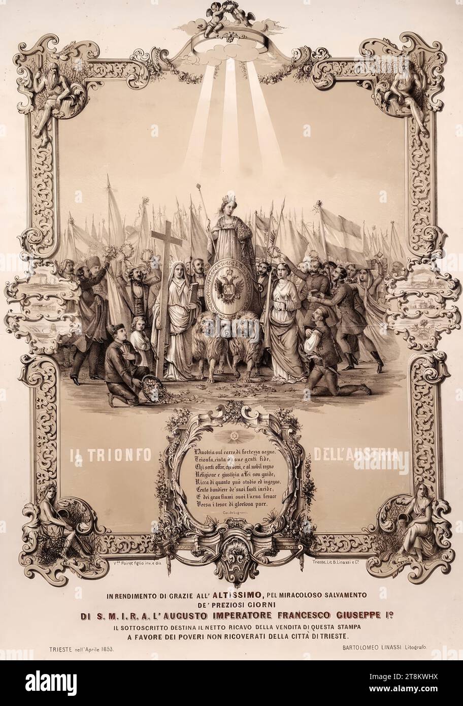 IL TRIONFO DELl'AUSTRIA', 1853, tirage, lithographie avec plaque d'argile et creux blancs sur papier, feuille : 55,9 × 40,1 cm, [M.U.] 'IN RENDIMENTO DI GRAZIE ALl' ALTISSIMO, PEL MIRACOLOSO SALVAMENTO, DE' PREZIOSI GIORNI, QUDI S.M.I.R.A. l'AUGUSTO IMPERATORE FRANCESCO SONDI SONTO il SONTO il DESTINA di a FAVORE OF THE POVERI NON RICOVERATI DELLA Città DI TRIESTE., TRIESTE nell' Aprile 1853., BARTOLOMEO LINASSI Litografo.', ci-dessous l'illustration en impression marron Banque D'Images