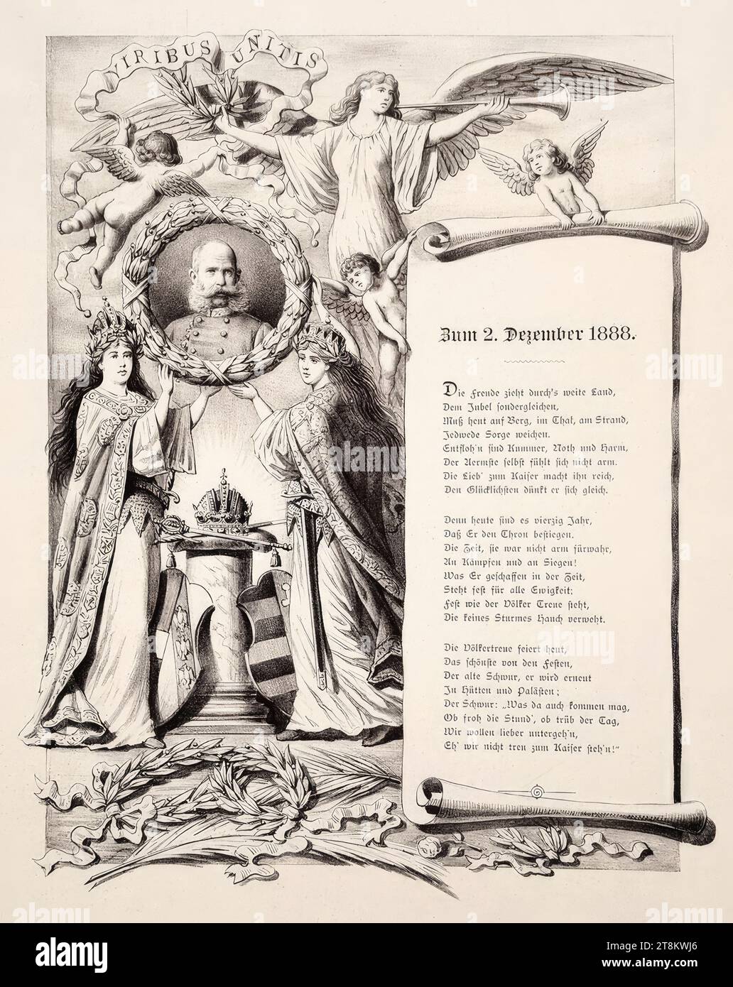 Fiche hommage à l'empereur François-Joseph Ier d'Autriche pour le 40e anniversaire de son règne le 2 décembre 1888, Anonyme, 1888, imprimé, lithographie et impression de type monocolonne sur papier, feuille : 52,6 × 33,1 cm Banque D'Images