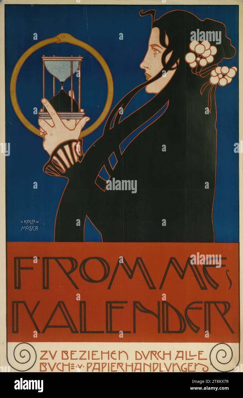 CALENDRIER FROMMES, Koloman Moser, Vienne 1868 - 1918 Vienne, 1899, tirage, lithographie couleur, feuille : 96 x 63 cm, intitulé en bas de la plaque : FROMMES / CALENDRIER / DISPONIBLE PAR TOUS / LIVRE ·u· MÉTIERS DU PAPIER ; inscrit en bas à gauche de la plaque : LITH. ANST. V. A. BERGER VIENNE 8, Autriche Banque D'Images