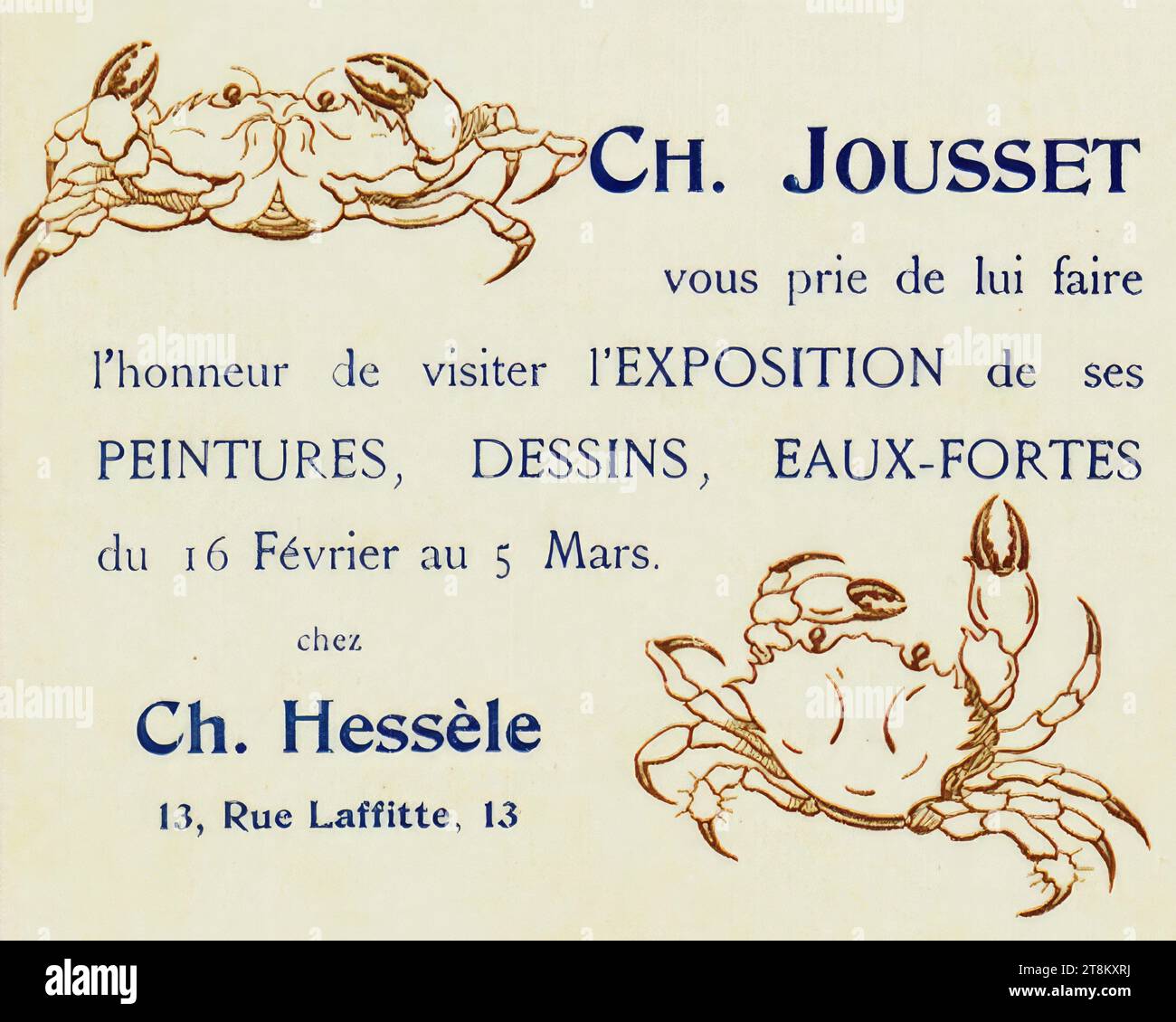 CH. JOUSSET vous prie de lui faire l'honneur de Visitor l'EXPOSITION de ses PEINTURES, DESSINS, EAUX-FORTES du 16 février au 5 mars. chez CH. Hessèle, Charles Jousset, France, 1857 - 1907, avant 1900, tirage, lithographie couleur, feuille : 110 mm x 140 mm Banque D'Images