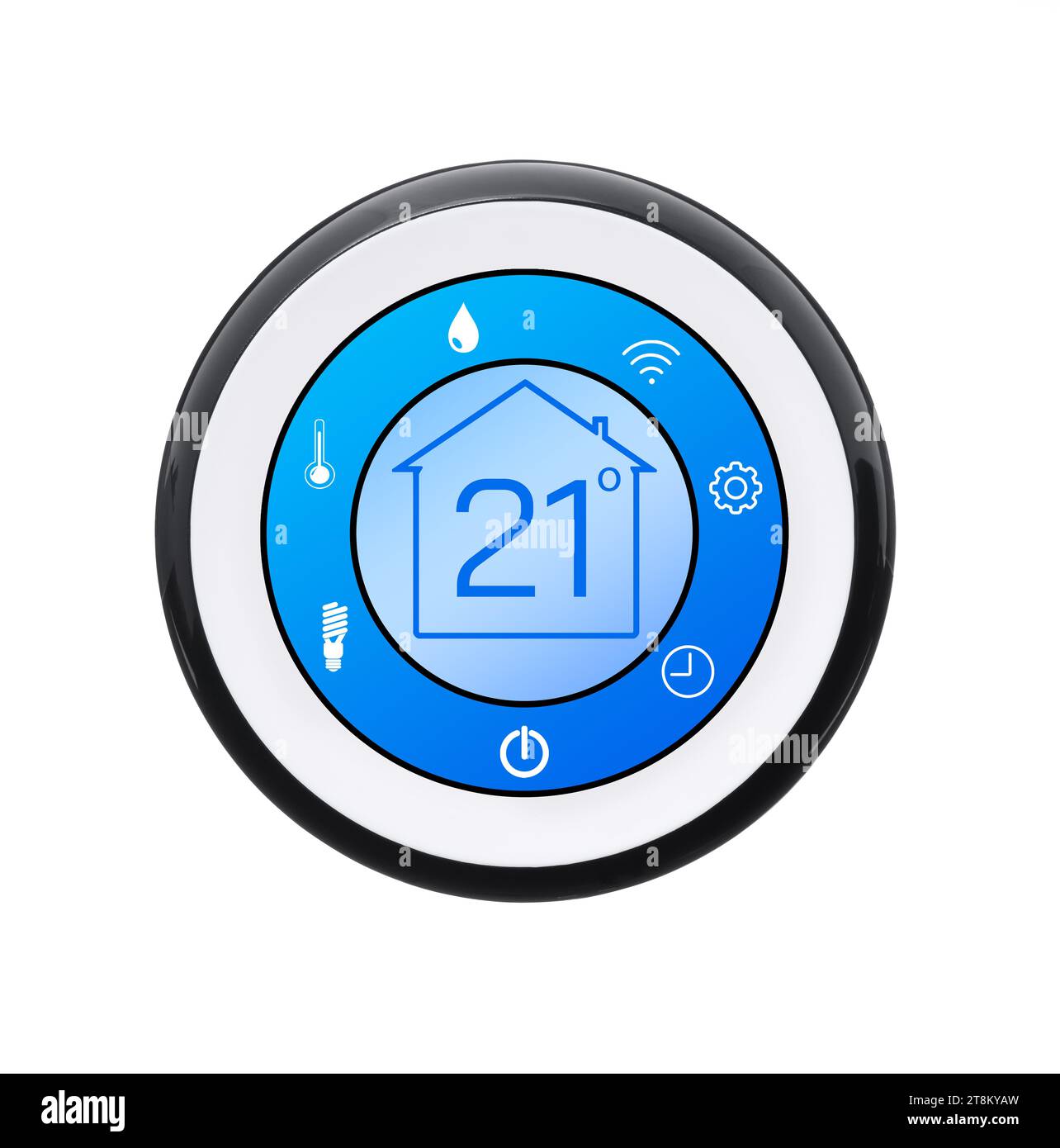 Thermostat affichant la température en degrés Celsius et différentes icônes. Appareil domestique intelligent sur fond blanc Banque D'Images