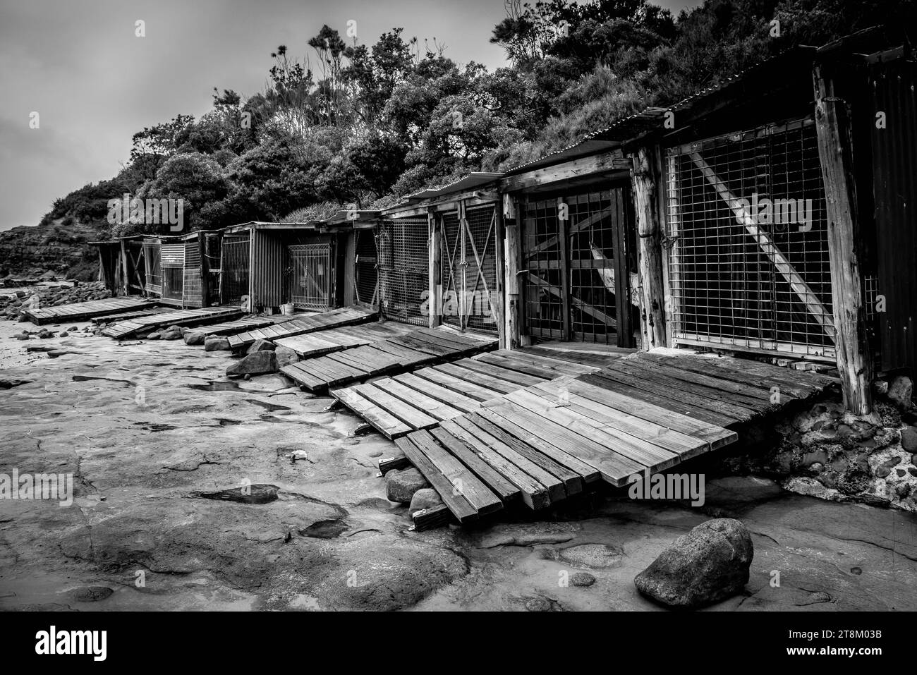 Hangars abandonnés à Sandon point Beach, Bulli NSW. Banque D'Images