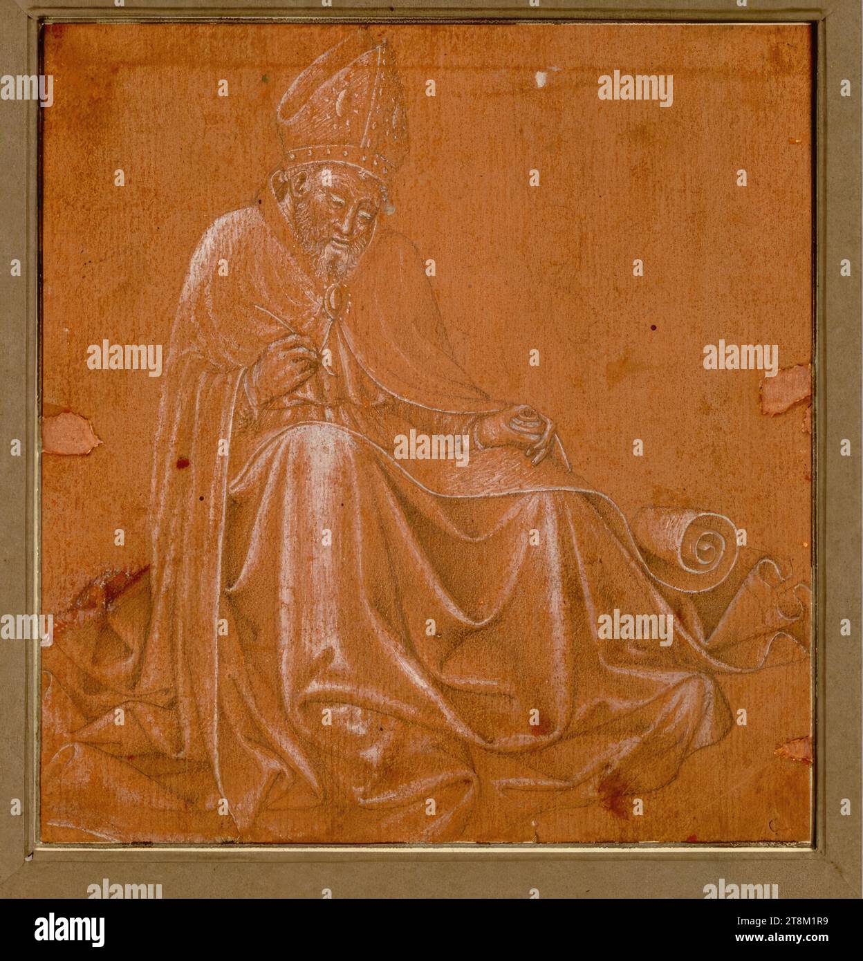 Saint Augustin assis en vue de face, un rotulus roulé sur ses genoux, dans la main droite une plume, à gauche un encrier, (Conte) Donato de' Bardi (Italie, (c.) 1400 - 1451), dessin, argenpoint ; rehaussé de blanc ; papier apprêté rouge; défauts, 14,7 x 13,7 cm, r.r. Duc Albert de Saxe-Teschen Banque D'Images Saint Augustin assis en vue de face, un rotulus roulé sur ses genoux, dans la main droite une plume, à gauche un encrier, (Conte) Donato de' Bardi (Italie, (c.) 1400 - 1451), dessin, argenpoint ; rehaussé de blanc ; papier apprêté rouge; défauts, 14,7 x 13,7 cm, r.r. Duc Albert de Saxe-Teschen Banque D'Images