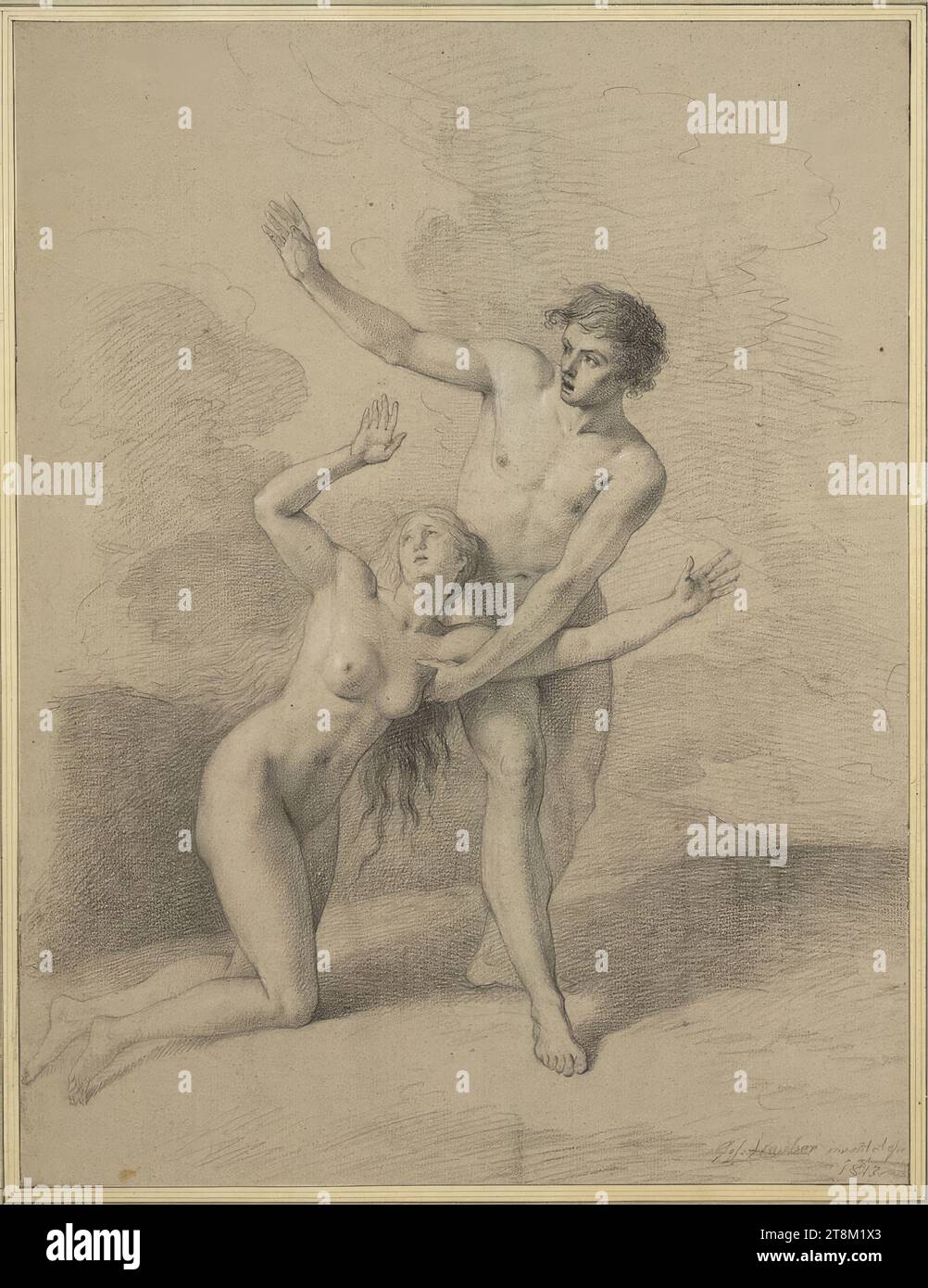 Expulsion du Paradis, Joseph Hauber (Geratsried près d'Immenstadt 1766 - 1834 Munich), 1813, dessin, craie noire, rehaussée de craie blanche, sur papier gris clair, 59,2 x 45 cm, pas de timbre de collectionneur Duc Albert de Saxe-Teschen Banque D'Images