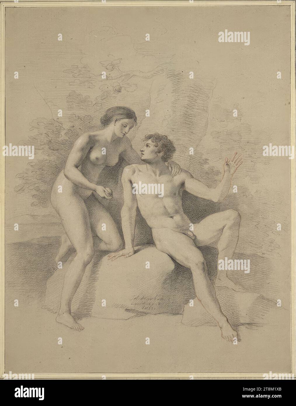 La tentation d'Adam, Joseph Hauber (Geratsried près d'Immenstadt 1766 - 1834 Munich), 1813, dessin, craie noire, sanguine, rehaussé de craie en blanc, sur papier gris clair, 59,8 x 46,5 cm, sans cachet de collectionneur Duc Albert de Saxe-Teschen Banque D'Images