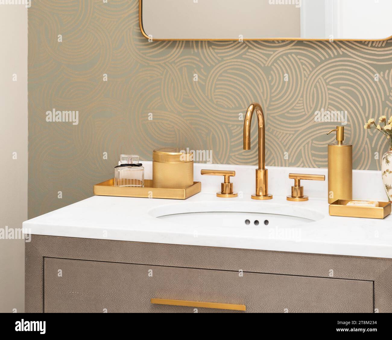 Un détail de lavabo de salle de bain avec un robinet et des décorations en or, un papier peint à motifs, un comptoir en marbre blanc et une armoire en peau de serpent. Banque D'Images