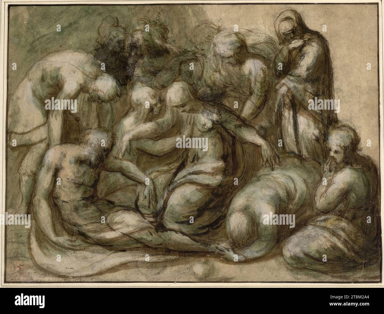Entombement du Christ, Andrea Meldolla, dit Schiavone (Zara (Sebenico) vers 1500/15 - 1563 Venise), 1550, dessin, crayon de métal, craie, pinceau, lavis brun et vert, marques de lavis rouges, jaunes et bleues, rehaussées de papier brun blanc opaque, 20 × 27,2 cm, l. l. Duke Albert de Saxe-Teschen, moitié inférieure gauche effacée vieille écriture 'Andrea Schiavone ft 1550 Banque D'Images Entombement du Christ, Andrea Meldolla, dit Schiavone (Zara (Sebenico) vers 1500/15 - 1563 Venise), 1550, dessin, crayon de métal, craie, pinceau, lavis brun et vert, marques de lavis rouges, jaunes et bleues, rehaussées de papier brun blanc opaque, 20 × 27,2 cm, l. l. Duke Albert de Saxe-Teschen, moitié inférieure gauche effacée vieille écriture 'Andrea Schiavone ft 1550 Banque D'Images