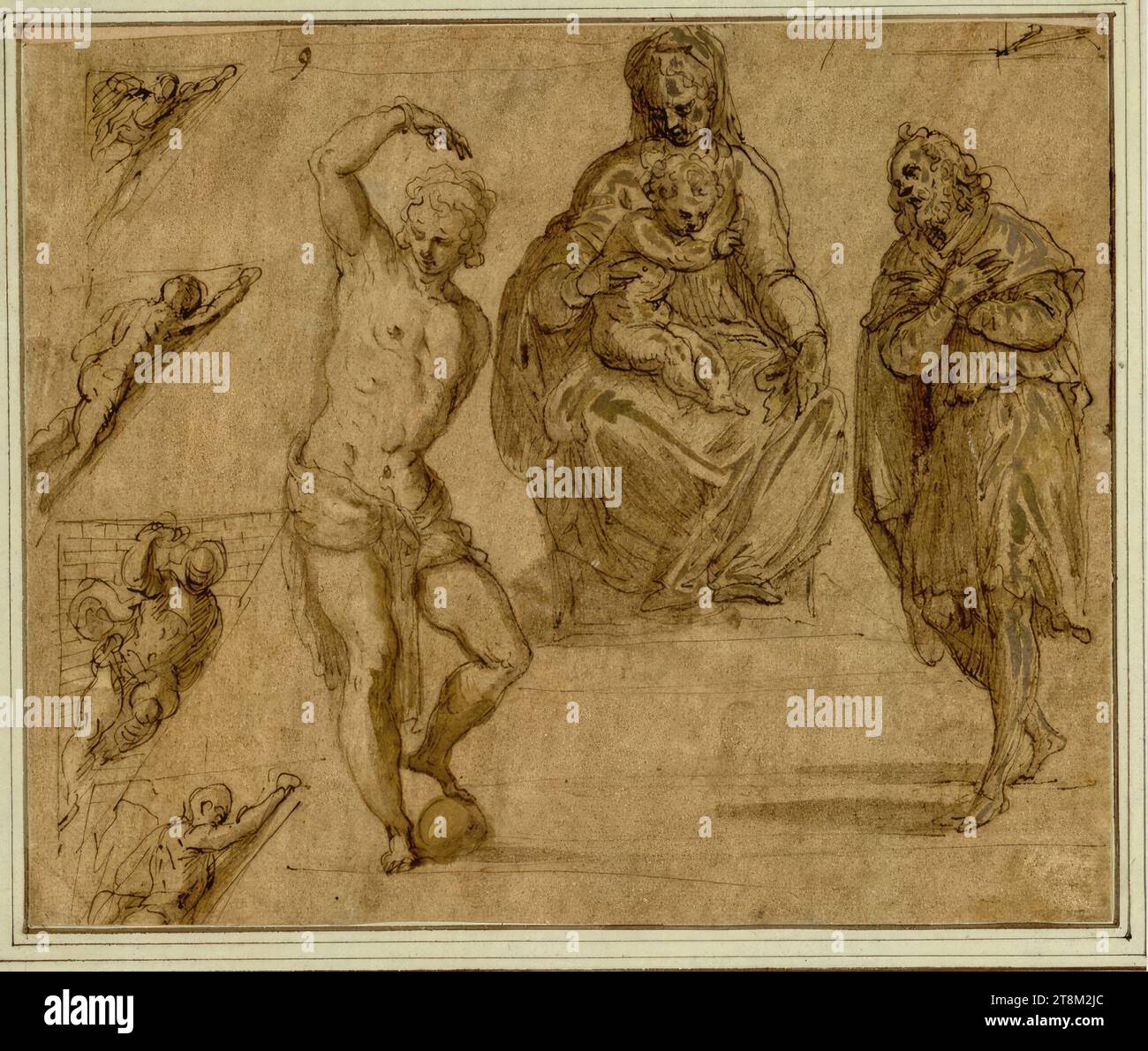feuille d'esquisse. Madone et enfant ; Saint Sébastien, à droite Rochus (Jakobus d'après alten Cahier) ; quatre dessins pour figures pendentives, Jacopo Palma, appelé Palma il Giovane (Venise 1544 - 1628 Venise), dessin, plume ; lavé ; rehaussé en jaune, 15,7 x 18,8 cm, r.r. Duc Albert de Saxe-Teschen Banque D'Images