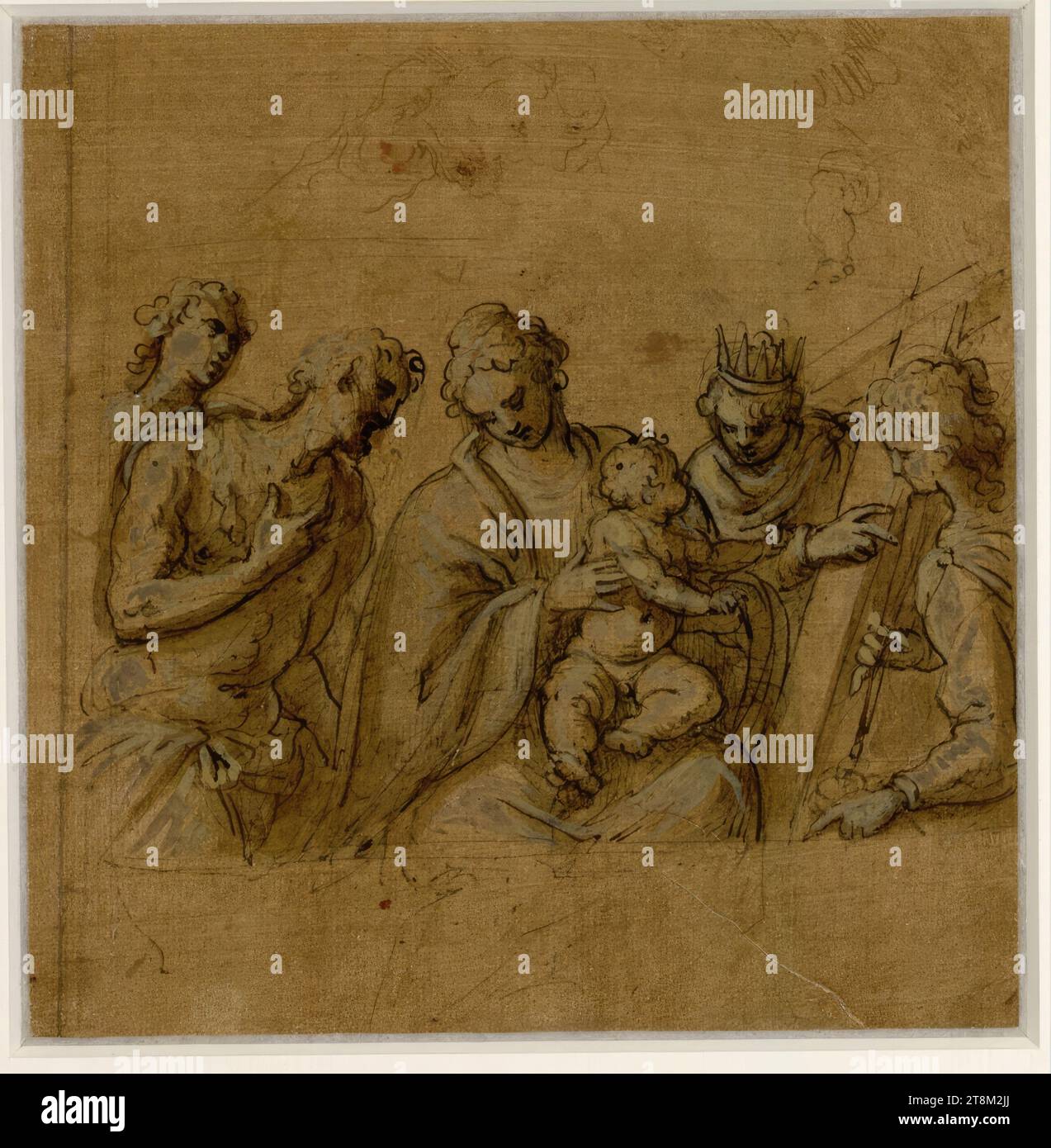 Conversation Sacra. (La Vierge et l'enfant entre Jean-Baptiste, Sainte-Hélène et d'autres saints, en figures à mi-longueur ; au-dessus croquis de figure indistincte ; jambe), Jacopo Palma, appelé Palma il Giovane (Venise 1544 - 1628 Venise), dessin, plume ; lavé ; jaune rehaussé; traces de peinture rouge, 16,6 x 16,3 cm Banque D'Images