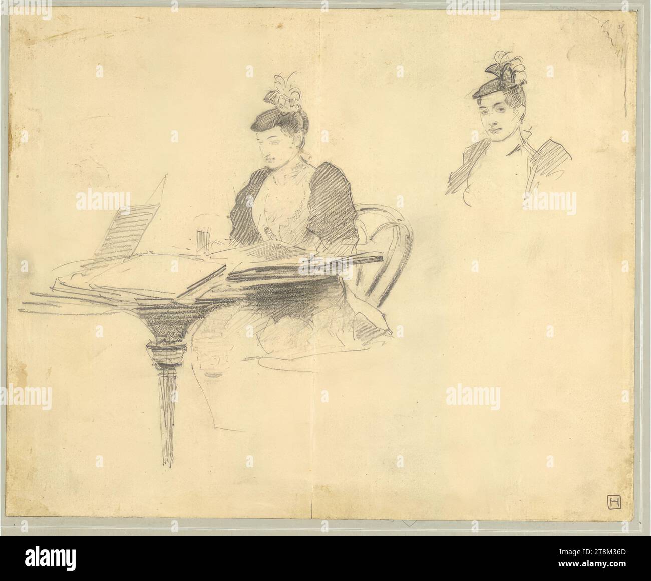 dame à la table du café ; sa tête à côté une seconde fois, Hagengesellschaft, Sigmund Walter Hampel (Vienne 1867 - 1949 Nußdorf am Attersee), dessin, crayon, 17,2 x 21,1 cm Banque D'Images