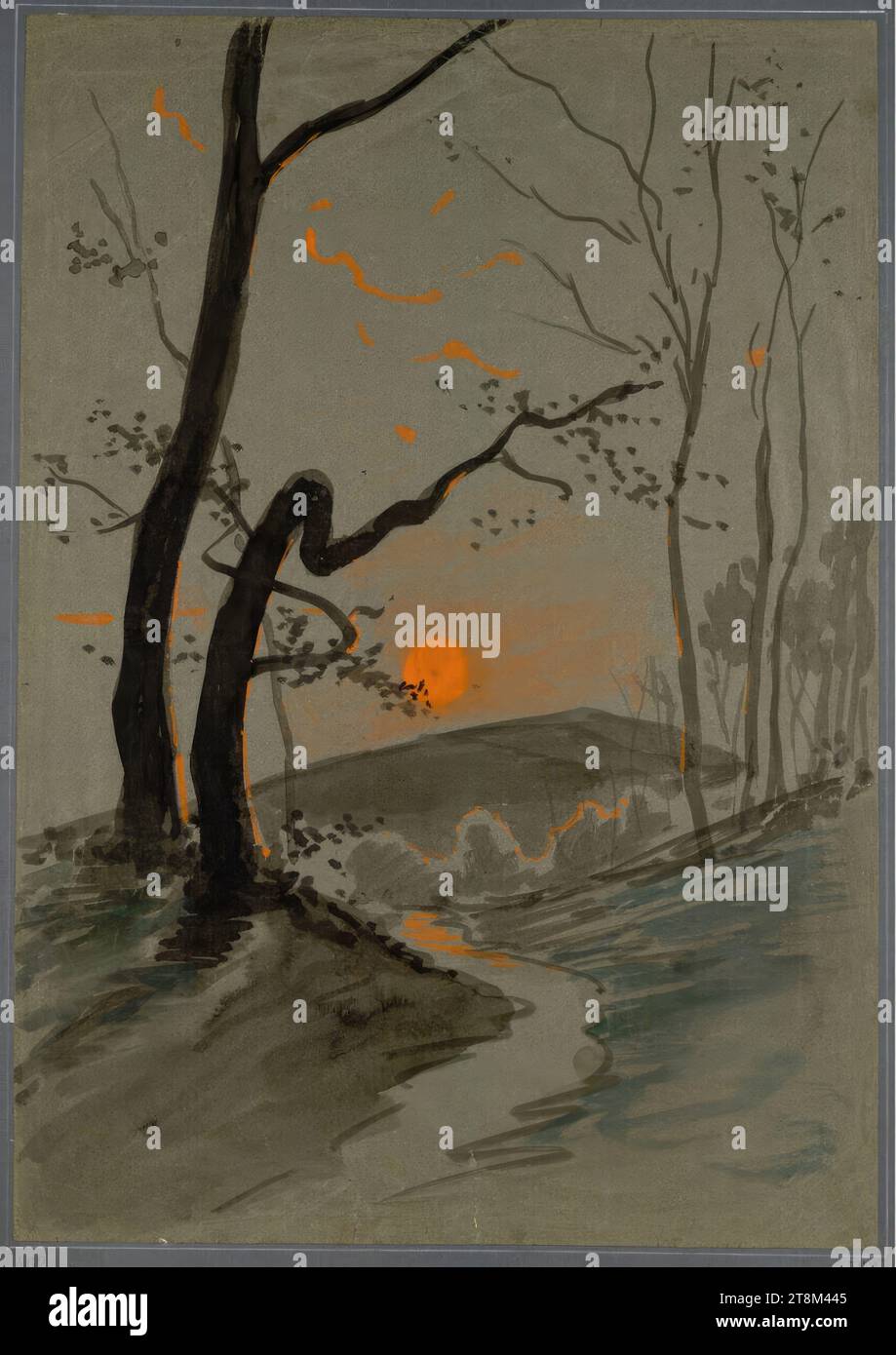 Paysage lunaire sur papier gris, Hagengesellschaft, Carl Müller (Vienne 1862 - 1938 Vienne), dessin, pinceau, 44,9 x 31,4 cm Banque D'Images