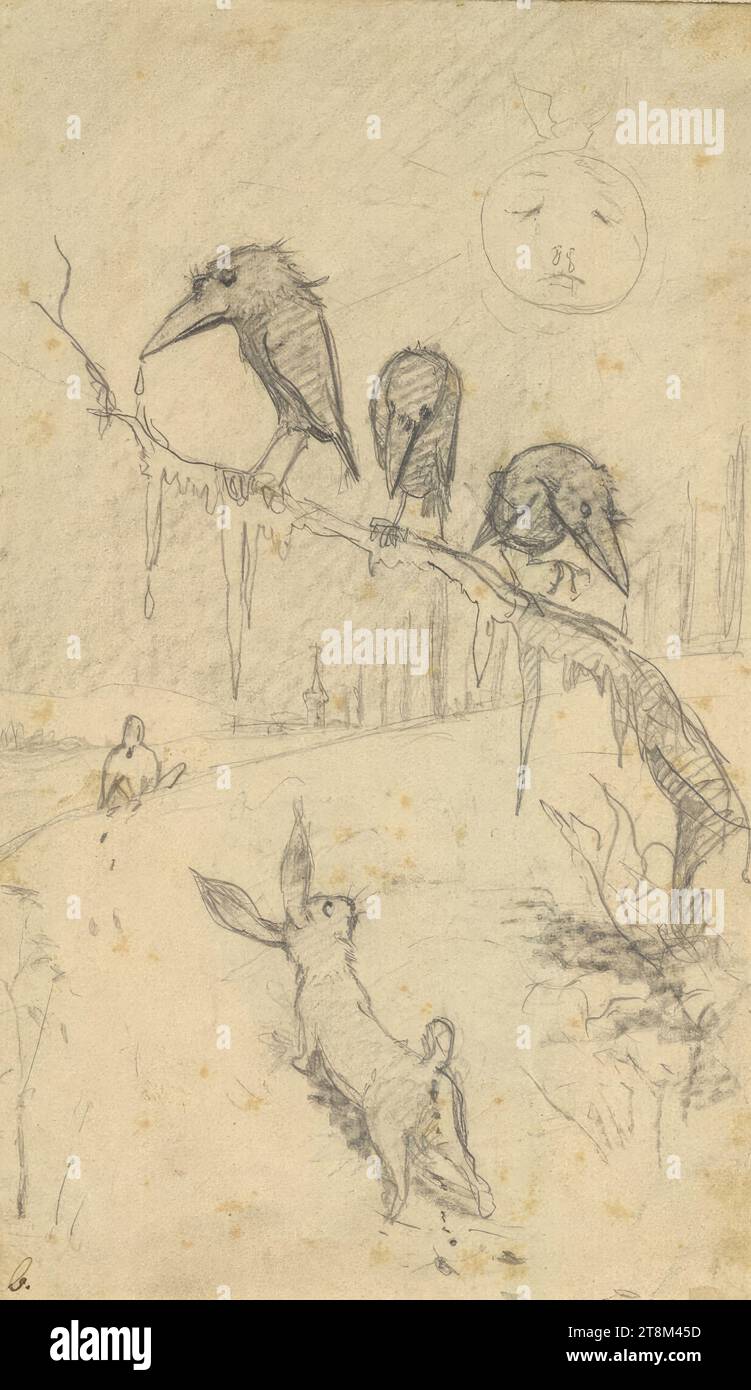 Corbeau et lièvre, Hagengesellschaft, Ernst payer (Eisenerz (Styrie) 1862 - 1937 Vienne), dessin, crayon, 17,2 x 10,2 cm Banque D'Images