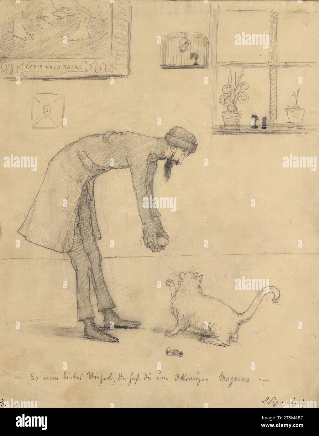 Reisinger et le chat, Hagengesellschaft, Ludwig Sigmundt (Graz 1860 - 1936 Graz), dessin, crayon, 21,1 x 16,8 cm, ci-dessous : 'so mein Banque D'Images