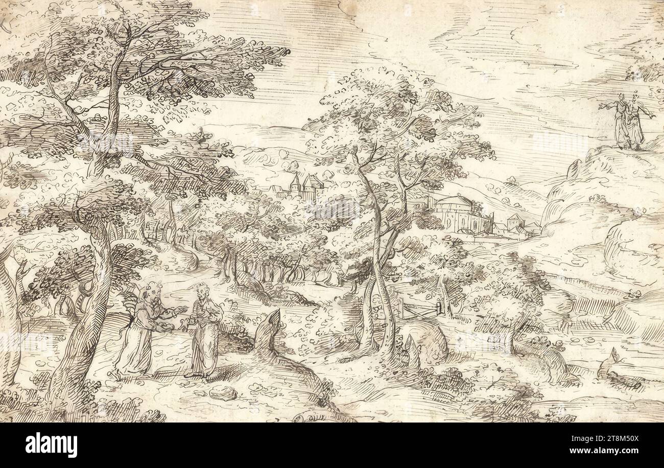 Paysage vallonné bordé d'arbres avec les tentations du Christ, anonyme, dessin, plume et encre brune, traces de craie noire ; saleté brunâtre sur les bords et dans les trois coins ; bords irrégulièrement taillés., 18,9 x 29,5 cm Banque D'Images