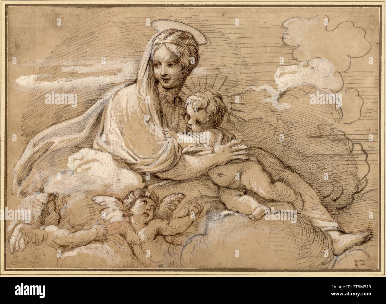 La Nursing Mary with the Child, anonyme, dessin, sanguine ; plume; blanc rehaussé, 16,4 x 22,8 cm, l. l. Duc Albert de Saxe-Teschen, peut-être lu comme '32' dans la plume du dessin en bas à droite Banque D'Images