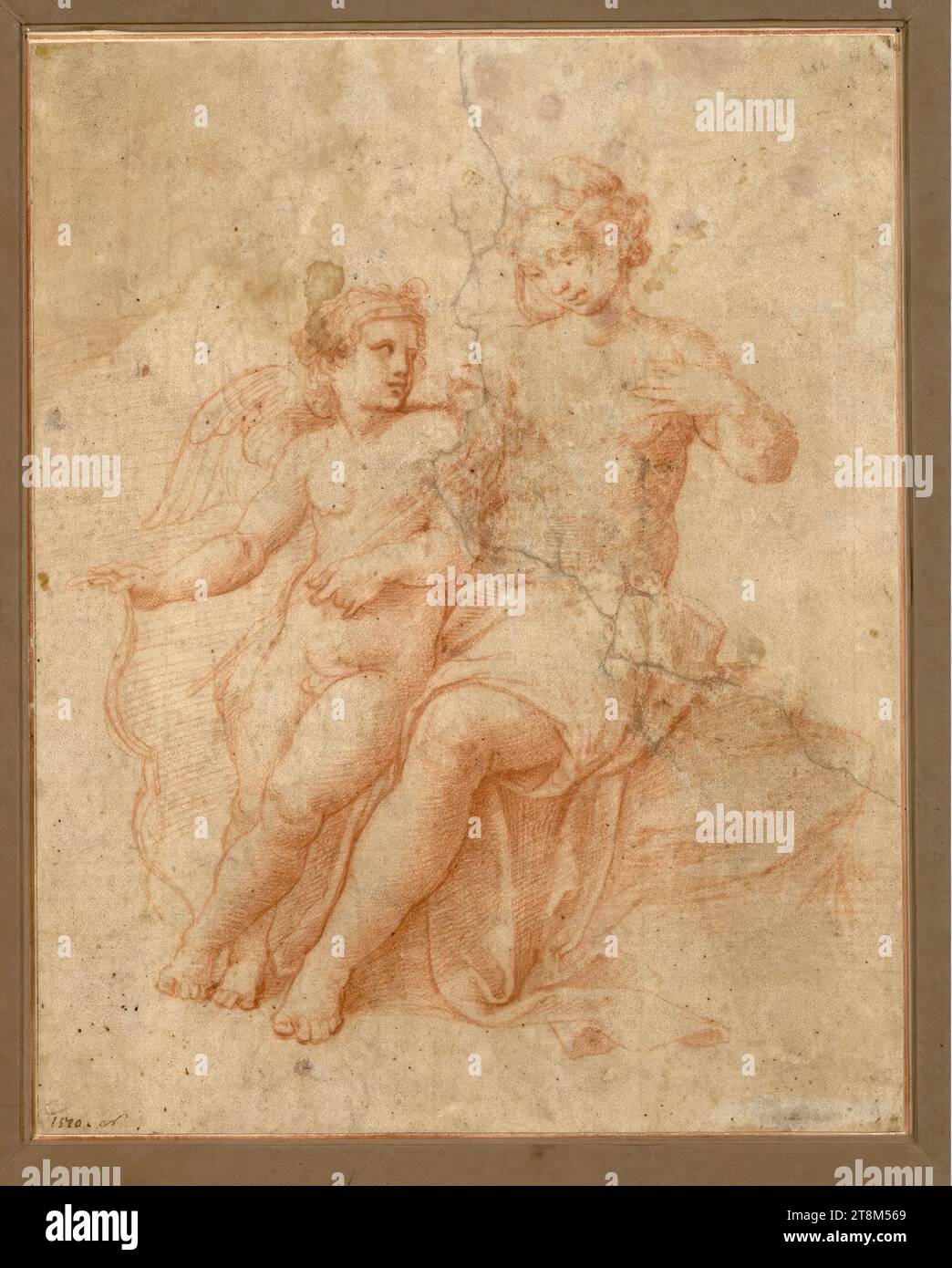 Vénus déplore sa blessure à Cupidon (étude pour les fresques dans la salle de bain du Cardinal Bibbiena, Vatican), Giulio Romano (Rome 1499 - 1546 Mantoue), dessin, craie rouge ; déchiré ; frotté, 21 x 16,7 cm, l.l. Duke Albert de Saxe-Teschen, en bas à gauche à l'encre '1540 Banque D'Images