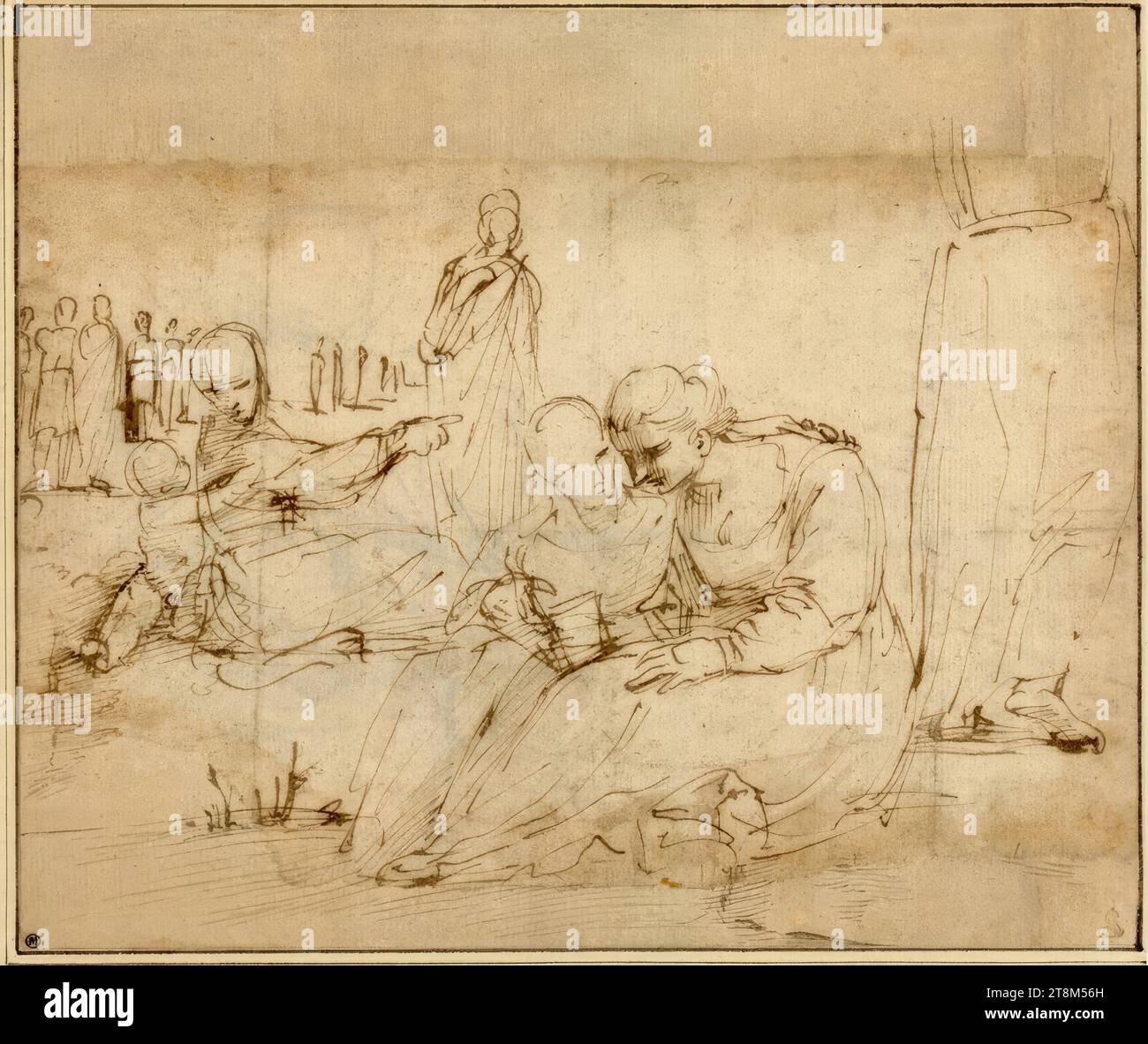 Scène de genre avec deux filles assises lisant au premier plan ; a laissé une mère avec un enfant ; un groupe de figures debout en arrière-plan, Agostino Carracci (Bologne 1557 - 1602 Parme), dessin, encre, stylo, 19,4 x 23,0 cm, l.l. Mariette ; r.b. Duc Albert de Saxe-Teschen Banque D'Images