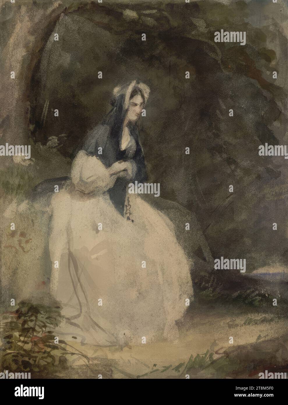 Dame assise dans un jardin paysager, Simon Jacques Rochard (Paris 1788 - 1872 Bruxelles), dessin, aquarelle, 21,5 x 16,6 cm Banque D'Images