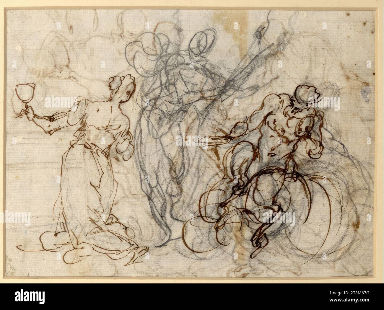 Une figure féminine agenouillée vue de derrière, tenant un calice dans sa main gauche tendue ; un homme avec une lance ; satyre assis en vue de face, Alessandro Maganza (italien, 1556 - 1630/40 ), dessin, craie ; plume, 15,4 x 20,6 cm Banque D'Images
