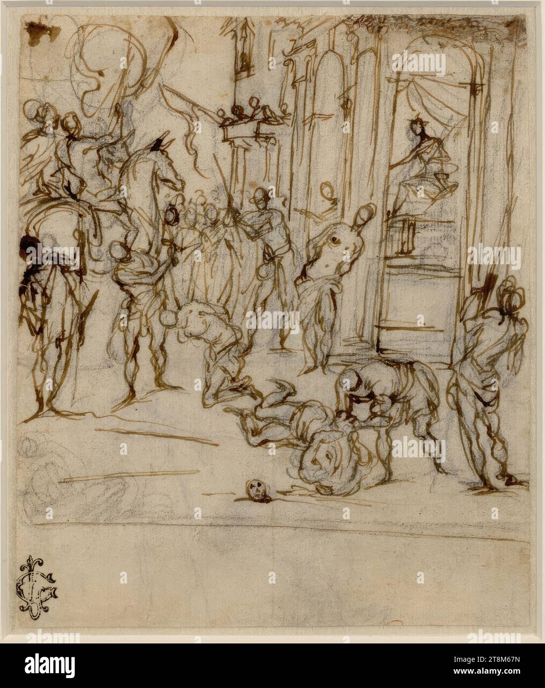 Scène de martyr dans la rue devant un palais. (Les gens sont massacrés par des ravisseurs à cheval et à pied ; dans le bâtiment sur les spectateurs de droite, un assis, d'autres sur le balcon, dans la fenêtre et la porte), Alessandro Maganza (Italie, 1556 - 1630/40 ), dessin, craie ; plume ; dos : craie, 16,7 x 13,9 cm, l.l. Grassi Banque D'Images
