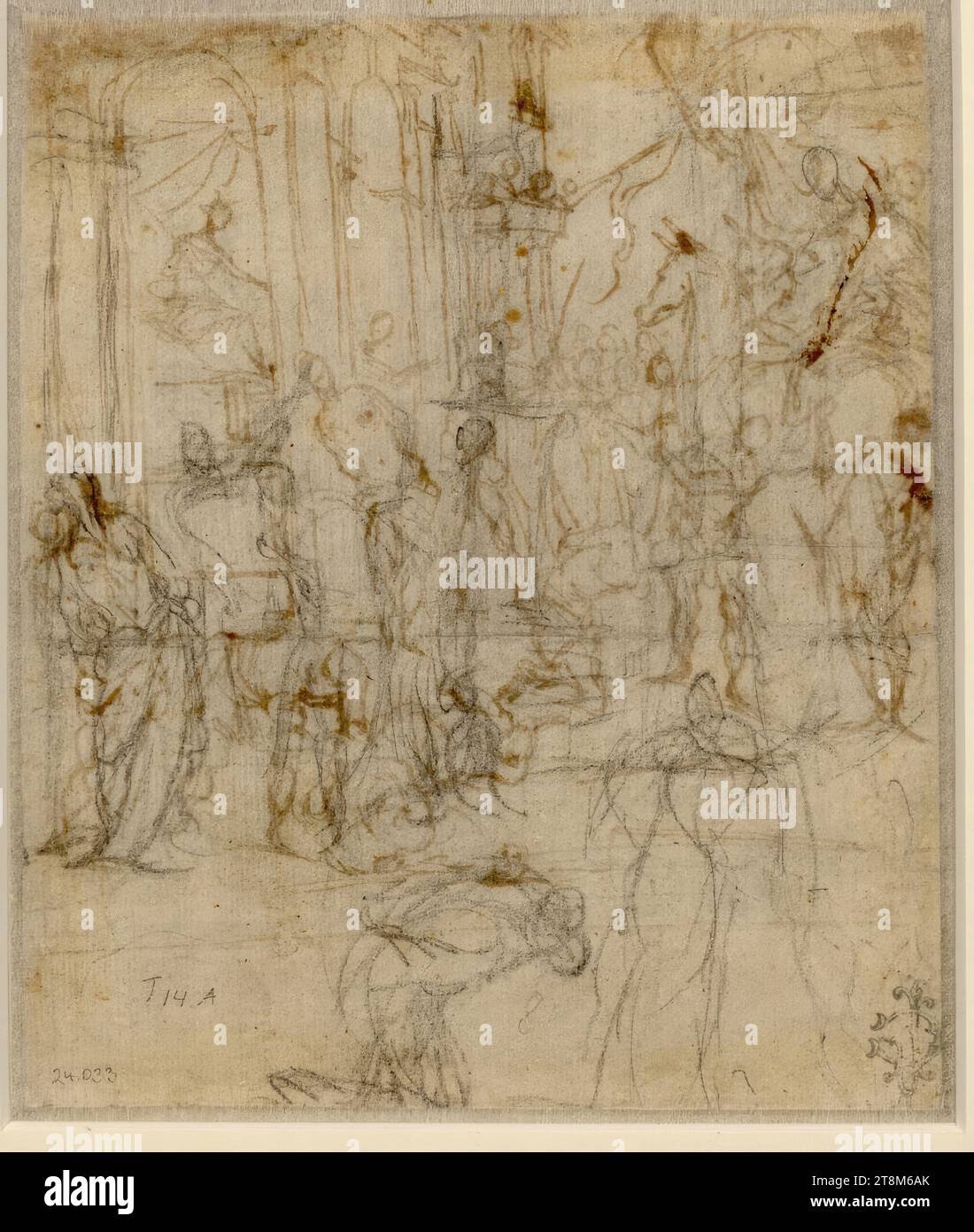 Etudes sur la scène martyre dans la rue devant un palais. (Des gens sont tués par des ravisseurs à cheval et à pied ; dans le bâtiment sur la droite spectateurs, un assis, d'autres sur le balcon, dans la fenêtre et la porte), Alessandro Maganza (Italie, 1556 - 1630/40 ), dessin, craie, 16e siècle .7 x 13,9 cm, r.b. Grassi Banque D'Images