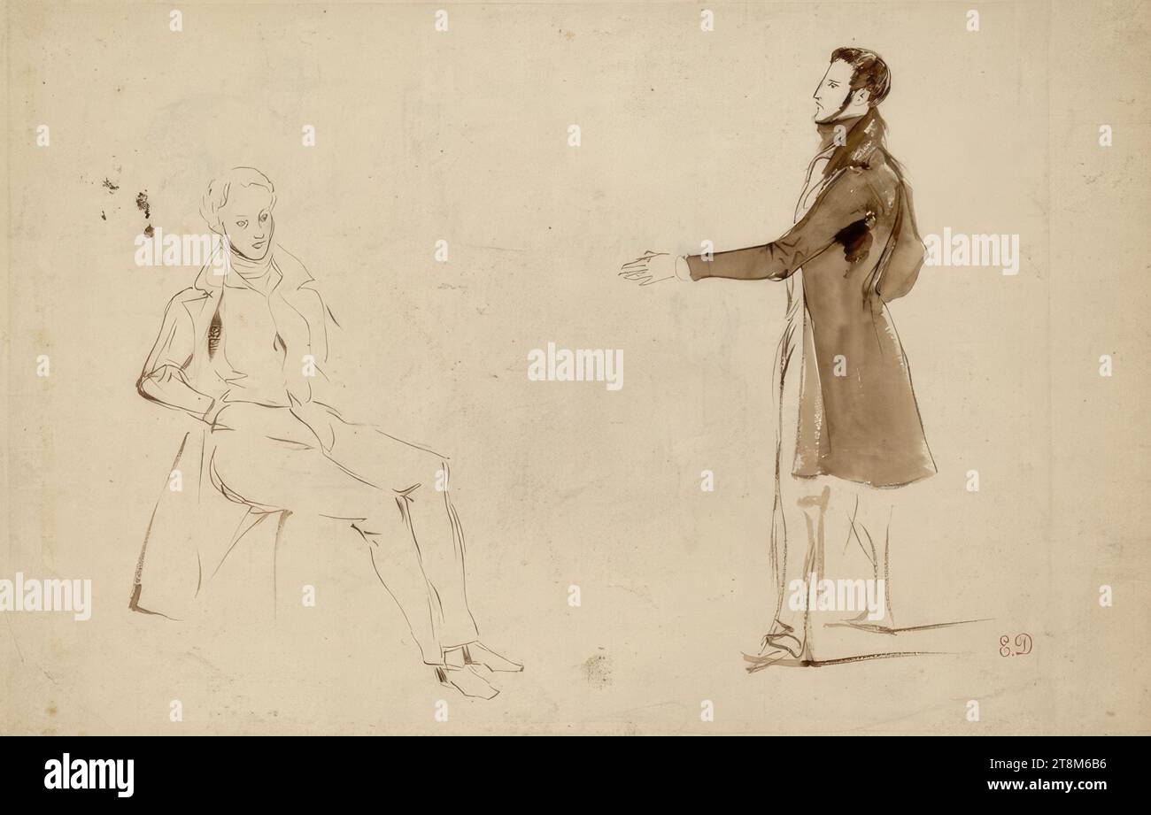 Etude d'un homme debout et assis, Eugène Delacroix (Charenton 1798 - 1863 Paris), c. 1852, dessin, pinceau brun, 23 x 35,6 cm, r.l. timbre du domaine Eugène Delacroix Banque D'Images