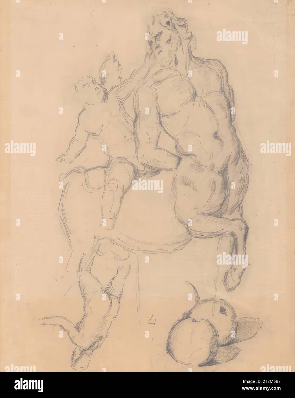 Feuille de croquis avec une étude d'après le groupe antique tardif de figures 'Amor et Centaur', deux pommes et un baigneur, Paul Cézanne (Aix-en-Provence 1839 - 1906 Aix-en-Provence), 1879-1882, dessin, crayon, 37,9 x 31 .3 cm, en bas '4' (avec crayon Banque D'Images