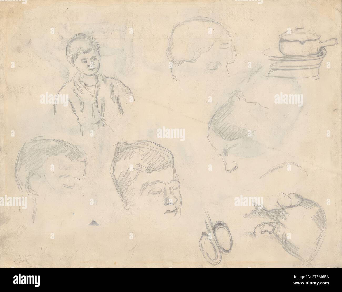 Feuille de croquis avec un demi-portrait de Paul Cézanne junior, deux études de tête masculine, trois études de tête de Madame Cézanne, une cocotte et le manche d'une paire de ciseaux, Paul Cézanne (Aix-en-Provence 1839 - 1906 Aix-en-Provence), c. 1878-1879, dessin, crayon, 24,8 x 30,8 cm Banque D'Images