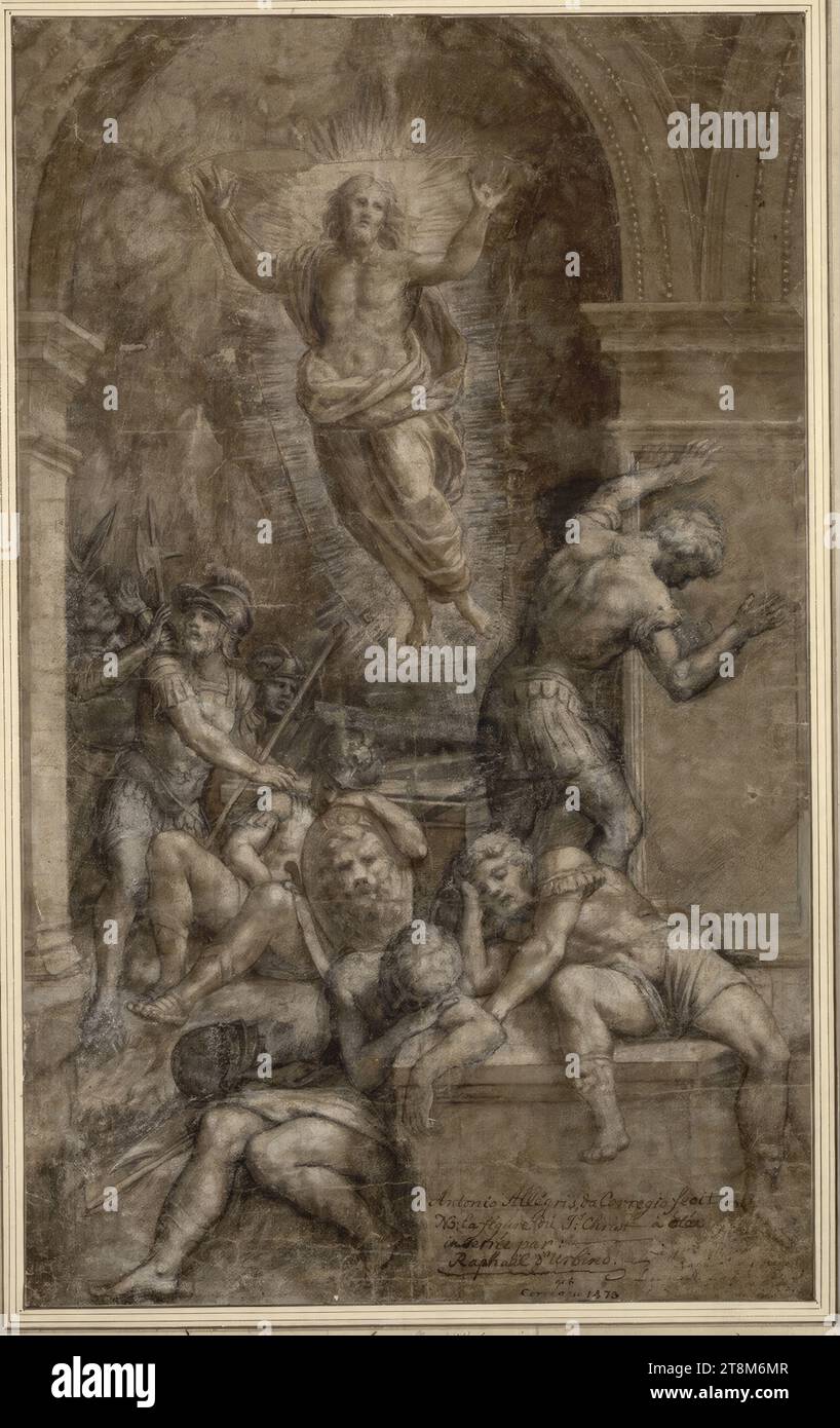 Résurrection du Christ, Bernardino Gatti, appelé il Sojaro (Pavie/Crémone/Vercelli?) Vers 1495 - 1575 Crémone), avant 1529, dessin, craie, stylo, lavoir, rehaussé de blanc, craie rouge carré, sur papier brun, la figure du Christ insérée, 47,8 x 29,3 cm, r.b. Duc Albert de Saxe-Teschen, et plus tard main dans la plume 'Antonio Allegris, da Corregio fecit, NB : la figure du J:s Christ a été, insérée par:, Raphael d'Urbino'; dessous de l'autre main 'geb Banque D'Images