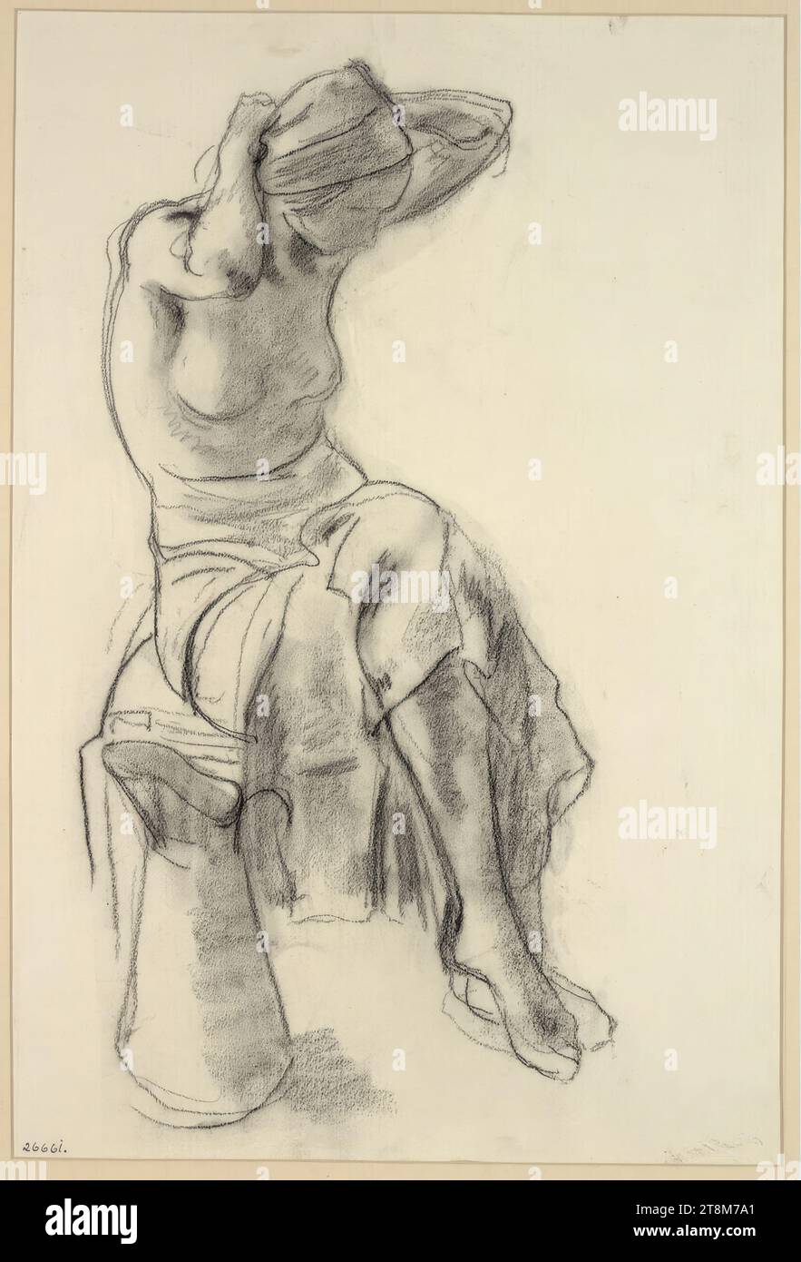 Femme assise, à moitié habillée avec une cruche, Leopold Gottlieb (Drohobycz 1879 - 1934 Paris), dessin, craie noire, passe-partout : 459 x 306 mm Banque D'Images