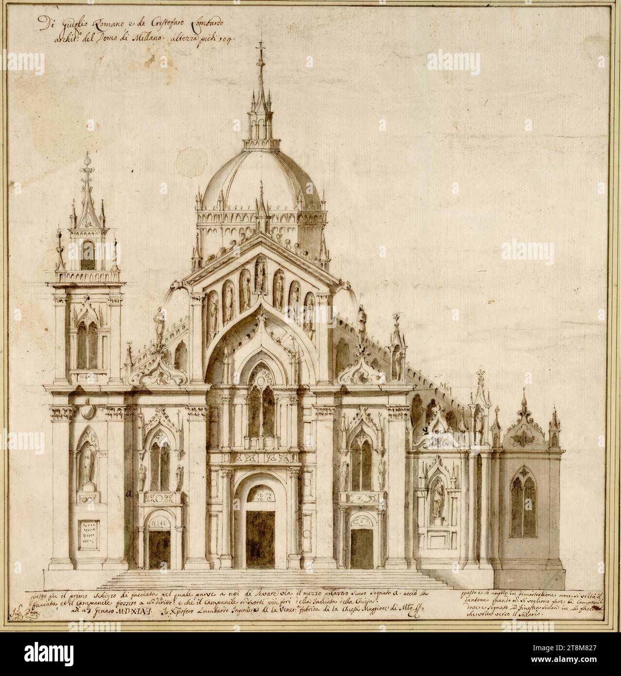 Die Fassade von S. Petronio in Bologne, Anonym WVDSDSW, Lombardisch), Zeichnung, FEDER, graubraun laviert, 34,2 x 33,2 cm, l.u. Herzog Albert von Sachsen-Teschen, Links oben : 'par Giulio Romano et Cristofano Lombardo, archito¬ du Domo di Millano. Hauteur pieds 104.' ; Links unten als Signatur 'Jul. ROM.' ; Am unteren Rand Liens 'c'était le premier croquis de la façade dans lequel nous pensions avoir enlevé le demi-pilier sombre, marqué A - donc, la façade, et le clocher étaient droits: et que le clocher devrait porter plus de trous dans la façade de l'église. Banque D'Images