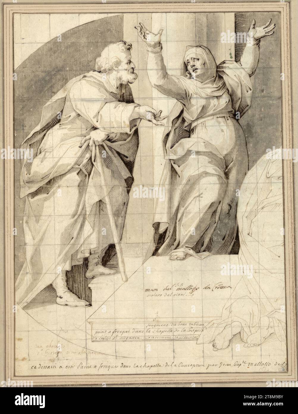 Un vieil homme barbu suit une femme en montant des marches vers la droite ; la vieille femme le regarde en arrière et lève les deux bras de peur; a droite une figure agenouillée (recadrée) du dos (moitié gauche d'une lunette?), Giovanni Battista Trotti dit Malosso (Crémone 1555 - 1619 Parme), dessin, plume ; gris-brun lavé ; craie carrée, 30,0 x 22,5 cm, frise l.l. ; r.b. Duc Albert de Saxe-Teschen, plume à trois mains différentes et encres en bas à gauche 'va abassato, S.° Giosepo sino alla pianta' ; chacun avec une main différente 'man del mallosso da Cremona' ; 'J.B. Banque D'Images