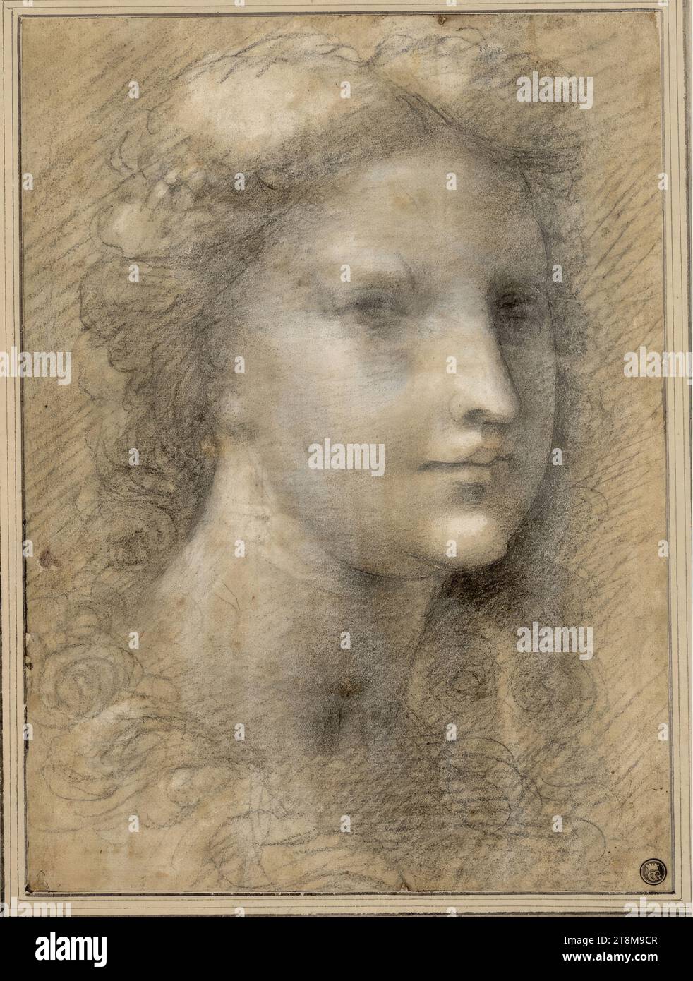 Tête de fille à droite, Anonyme, Sienne, dessin, craie; rehaussé de blanc ; papier jaunâtre ; marques de stylet, 27,5 x 20,1 cm, r.r. Genevosio (L. 545) ; l.b. Duc Albert de Saxe-Teschen Banque D'Images