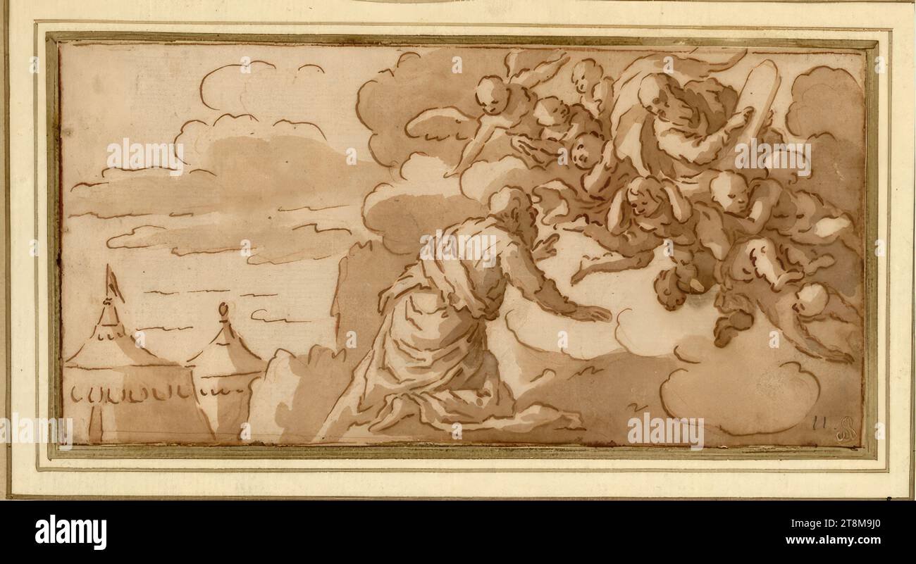 Moïse recevant les tablettes de la Loi. Il s'agenouille à droite, d'où Dieu le Père lui parle dans la gloire angélique ; à gauche en arrière-plan deux tentes, dessinant, sanguin ; plume ; papier brunâtre, 10,0 x 20,0 cm, r.r. Duke Albert de Saxe-Teschen, numéro de craie en bas à droite '11 Banque D'Images