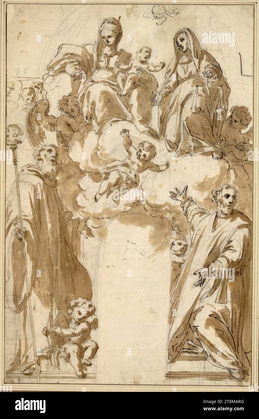 Maria avec l'enfant et Justitia ; en bas à gauche St. Benoît de Nursia saint droit (Jésuite?) Avec chasuble avec maniple, Pietro Antonio de Pietri (Italie, 1663 - 1716), dessin, craie ; stylo en noir; lavis brun, 39,2 x 25,5 cm, l. l. Duc Albert de Saxe-Teschen, dans l'espace laissé à la craie, en croix 'PS 21' ; sur la marge gauche, d'autres mesures à la craie, 'P 106' écrit en travers et '96' écrit droit Banque D'Images