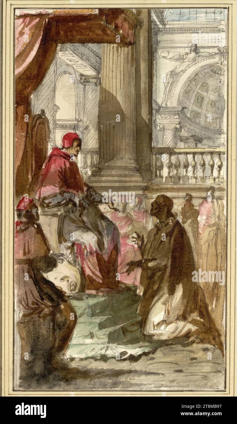 Audience papale. (Un homme distingué s'agenouille devant le pape, qui est entouré de cardinaux, assis sur un trône dans une architecture d'église et parlant à droite avec celui agenouillé), Mauro Tesi (Modène 1730 - 1766 Bologne), dessin, craie ; plume ; aquarelle; lavis gris et brun, 24,1 x 13,5 cm, l.l. Duc Albert de Saxe-Teschen, bas droit vieux crayon écrit 'Mauro Tesi Banque D'Images